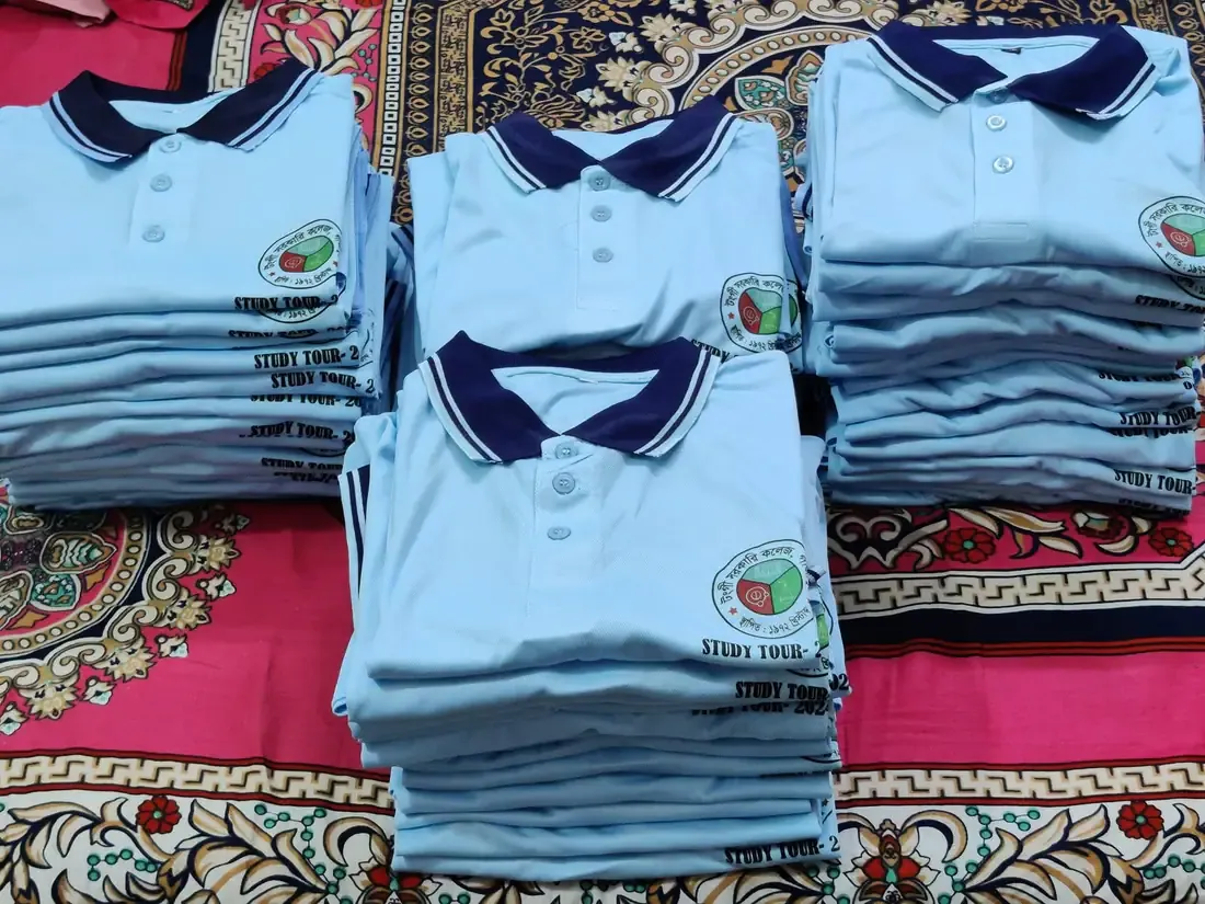 A completed bulk order of study tour polo shirts