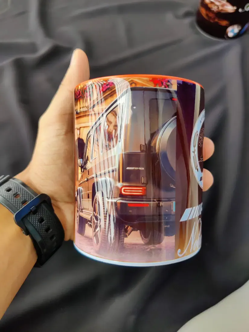 A personalized photo mug