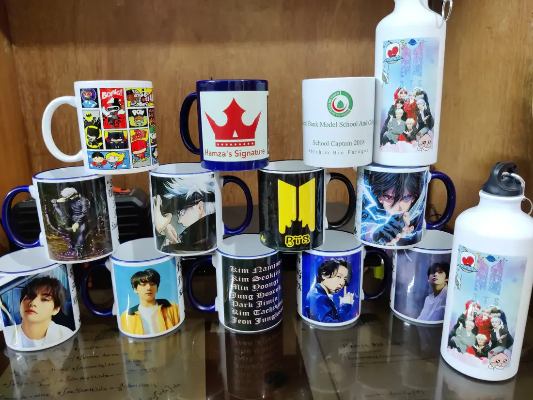 A collection of personalized mugs and bottles