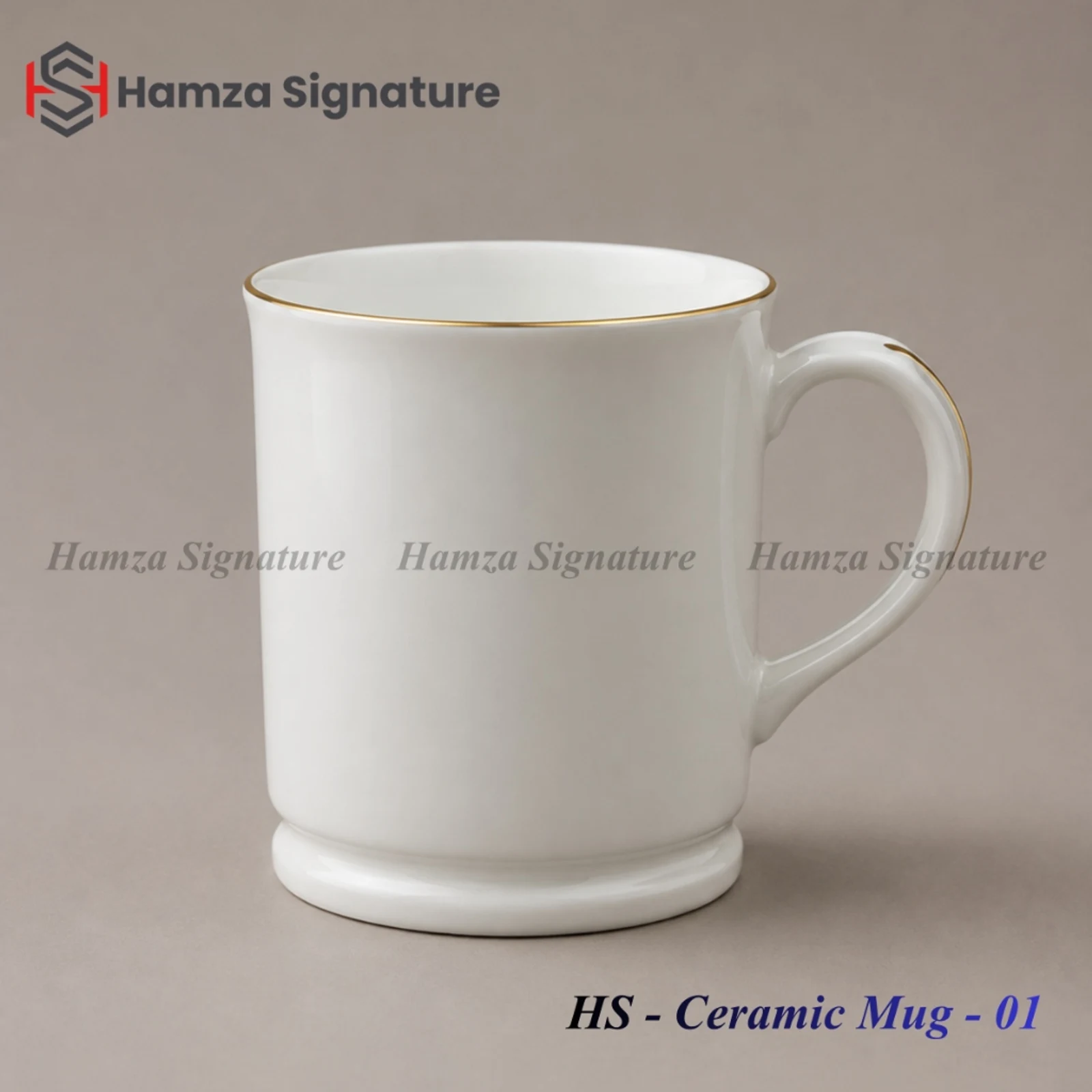 HS - Ceramic Mug - 01 white ceramic coffee mug with gold rim and fluted pedestal base (Height: 3.5 in, Diameter: 3 in)