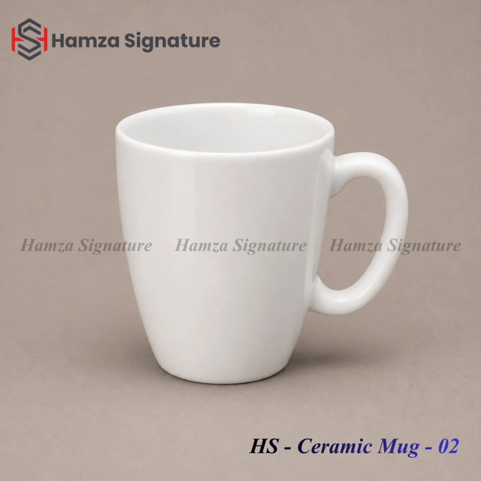 HS - Ceramic Mug - 02 white ceramic tapered coffee mug with rounded curved handle (Height: 4 in, Diameter: 3.5 in)