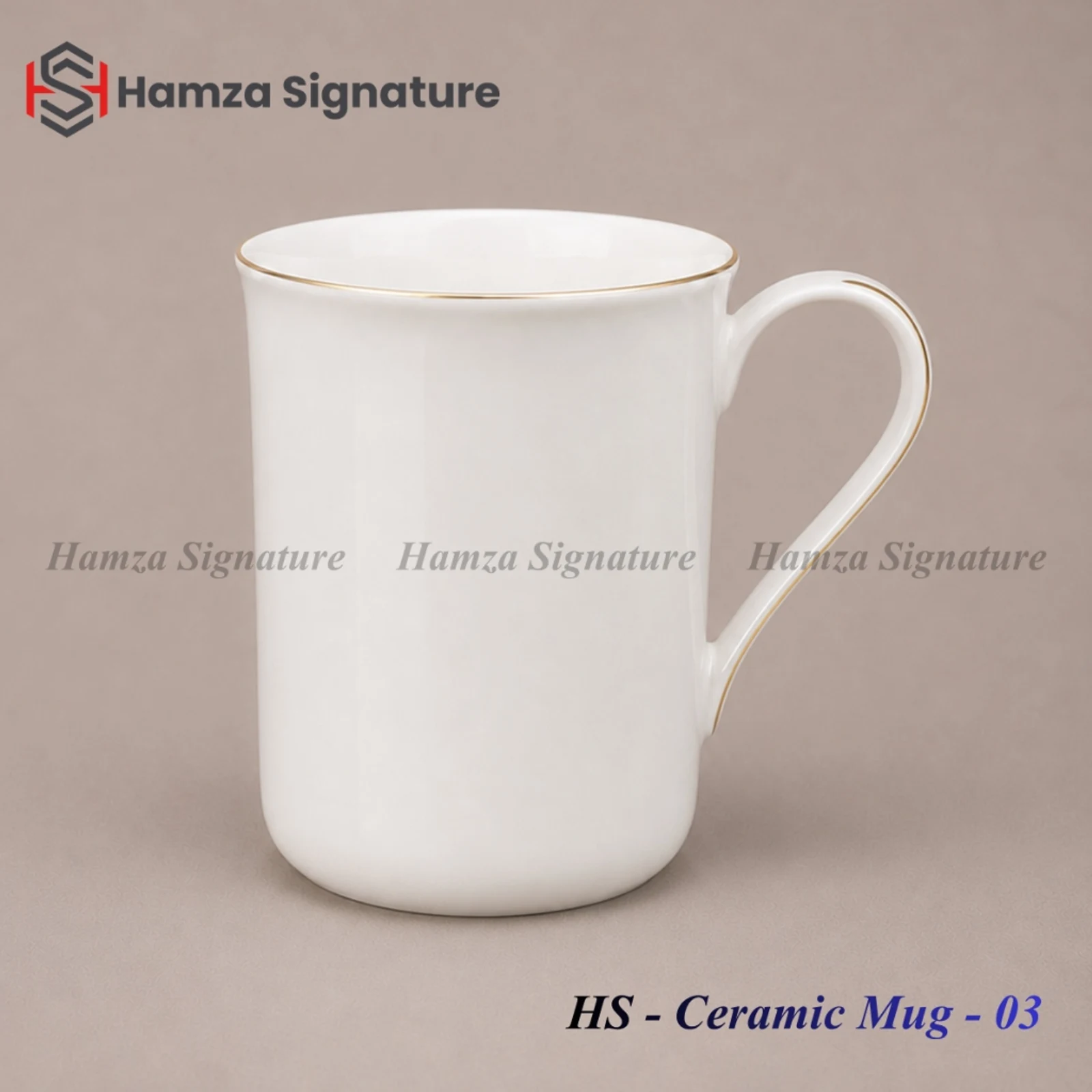 HS - Ceramic Mug - 03 tall white ceramic mug with delicate flared rim and gold accent line (Height: 4.25 in, Diameter: 3 in)