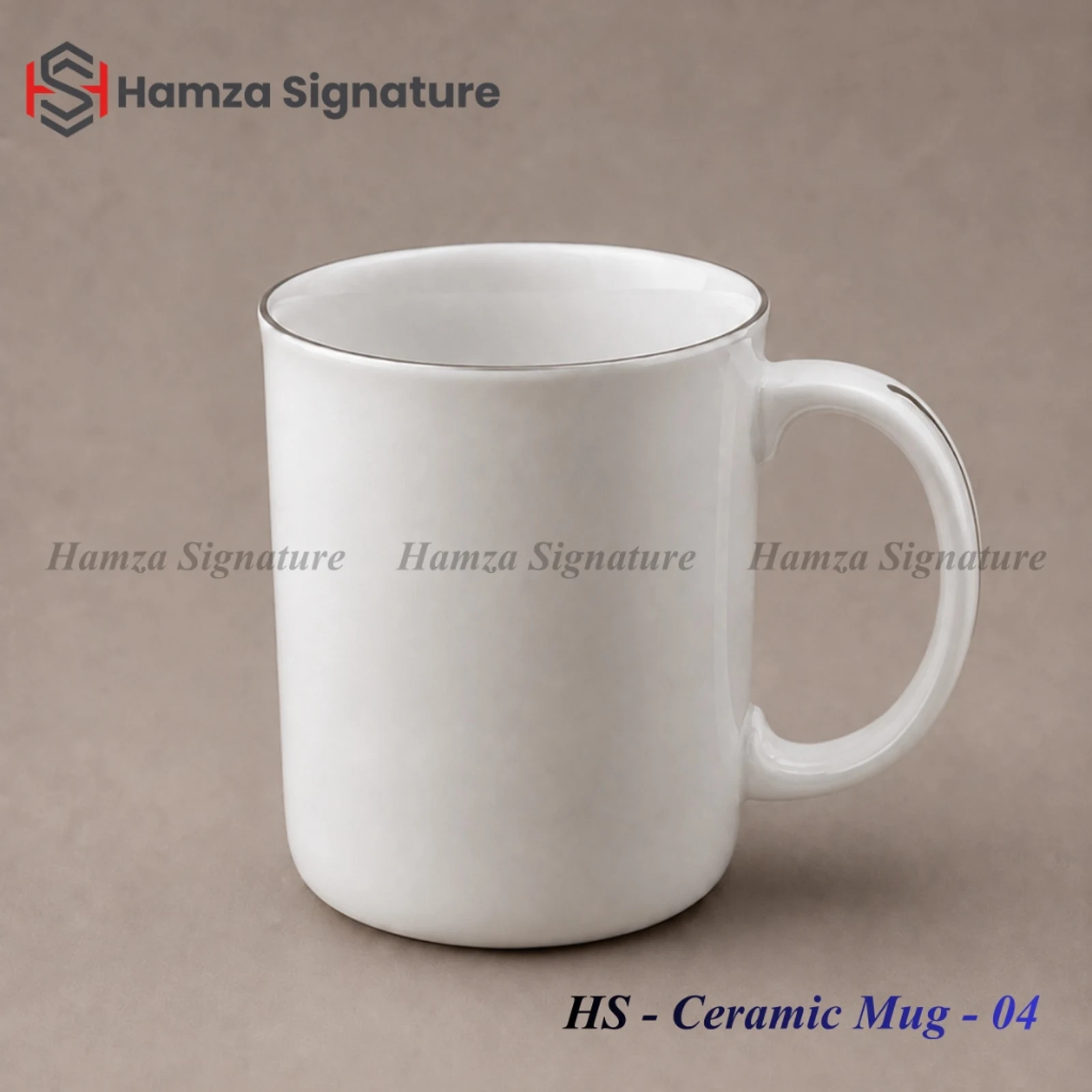 HS - Ceramic Mug - 04 classic straight-wall white ceramic mug with silver rim accent (Height: 4 in, Diameter: 3.25 in)