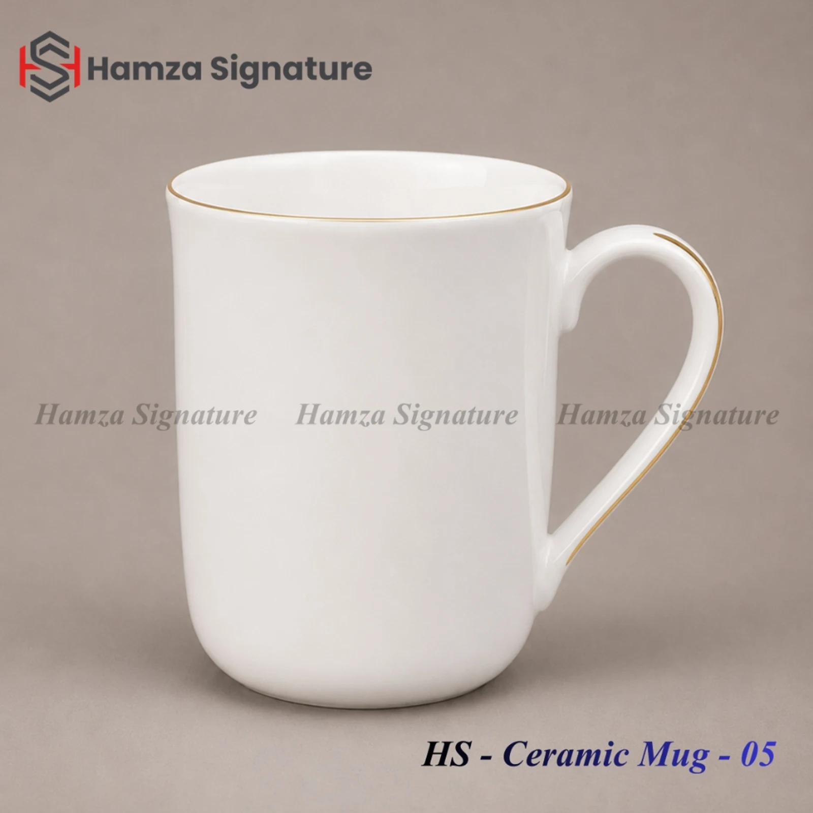 HS - Ceramic Mug - 05 barrel-profile white ceramic mug with gold rim detail (Height: 4 in, Diameter: 3.25 in)