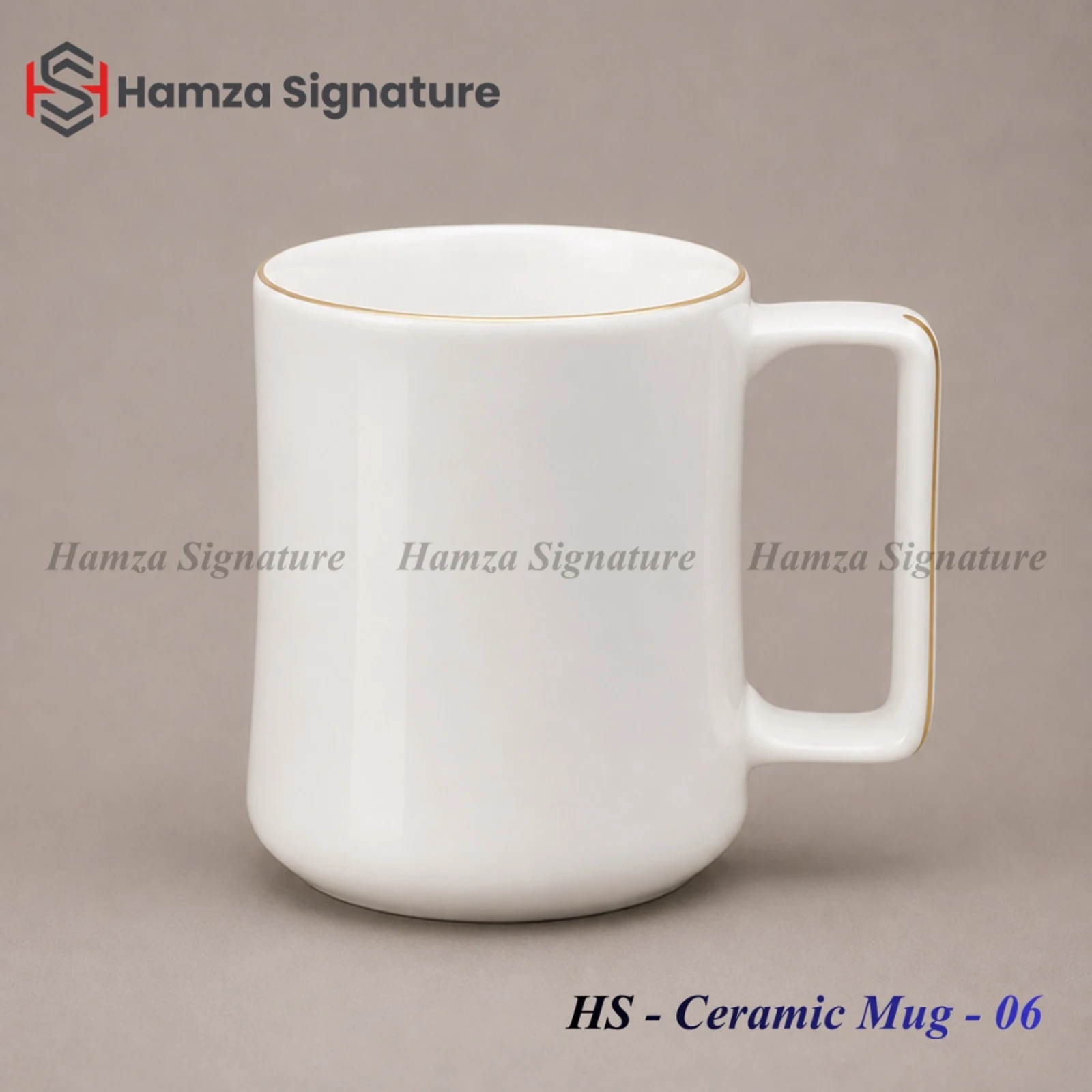 HS - Ceramic Mug - 06 compact white ceramic mug with curved contoured silhouette (Height: 3.5 in, Diameter: 3 in)