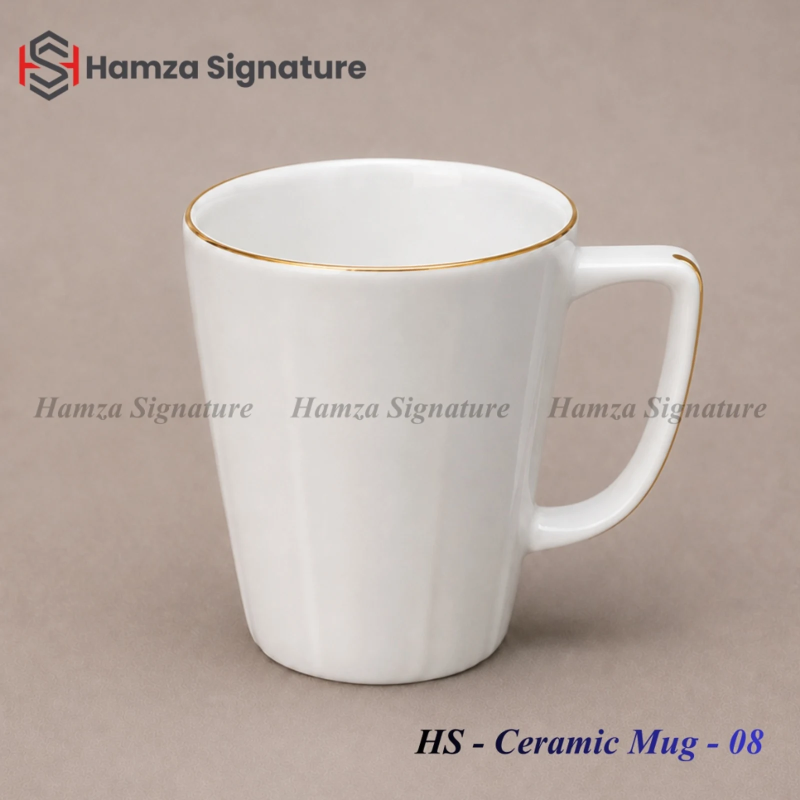 HS - Ceramic Mug - 08 tall white ceramic latte mug with flared lip and gold trim (Height: 4.25 in, Diameter: 3.25 in)