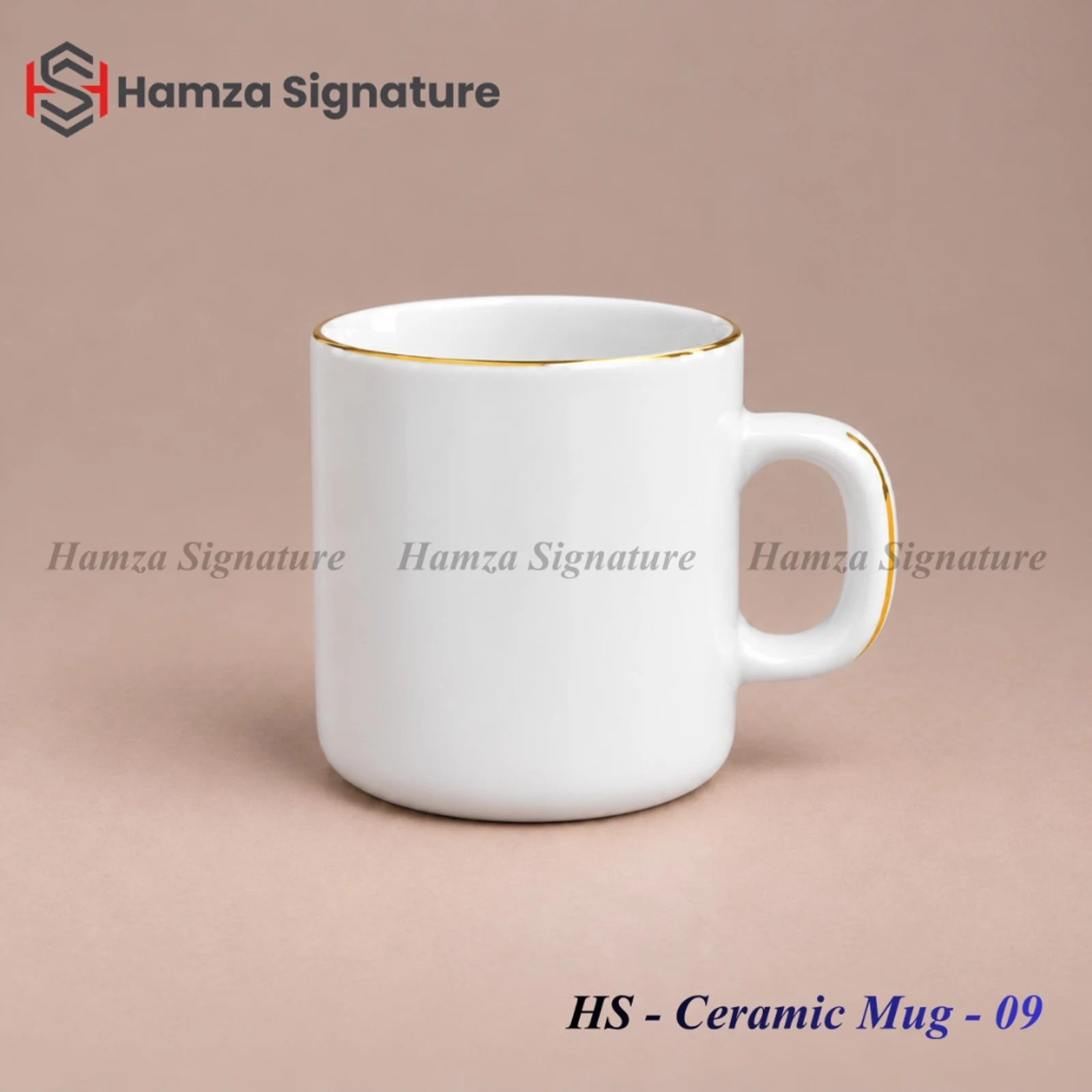 HS - Ceramic Mug - 09 elegant white ceramic mug with curved body profile and gold rim (Height: 4 in, Diameter: 3 in)