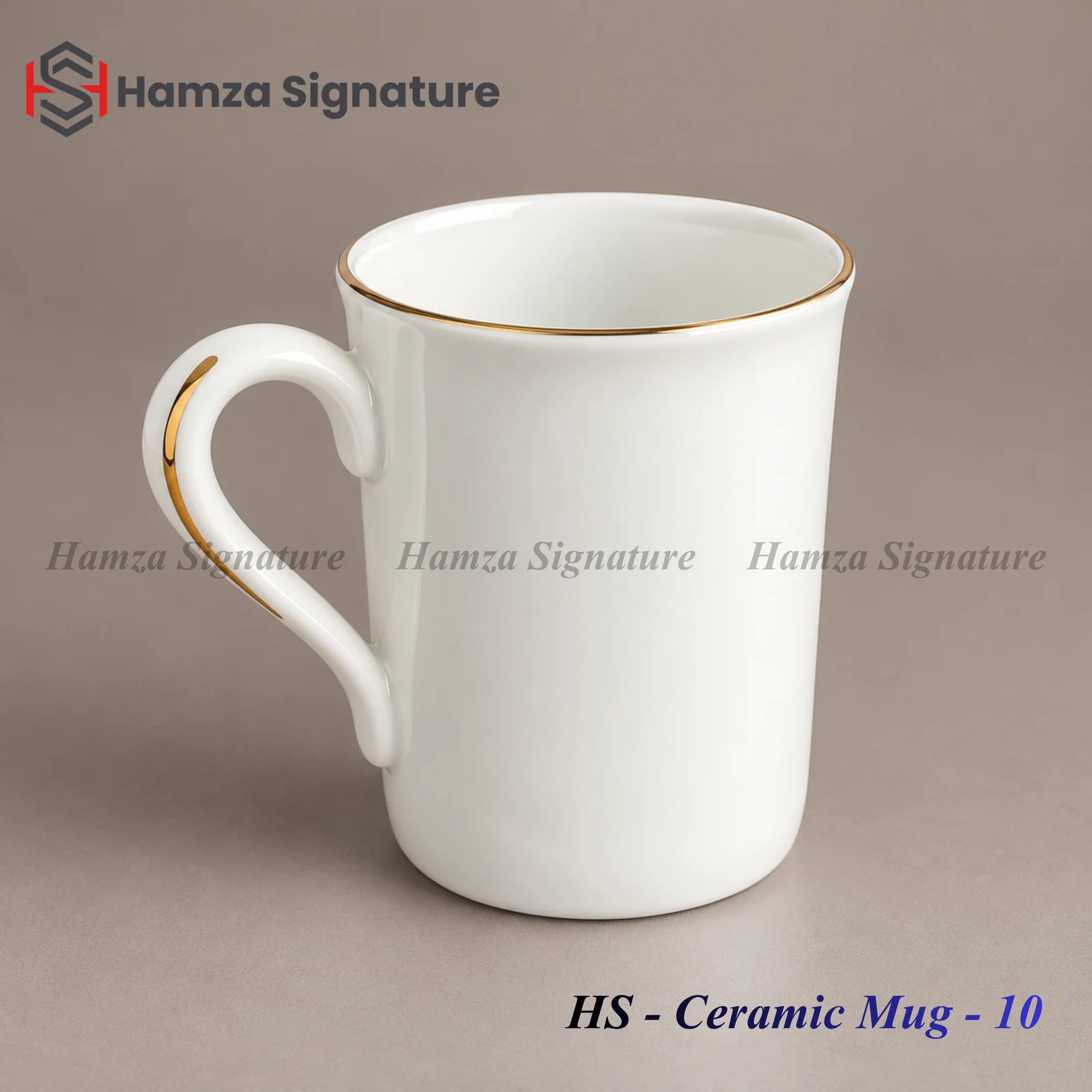 HS - Ceramic Mug - 10 white ceramic mug with gold rim and gold-accented curved handle