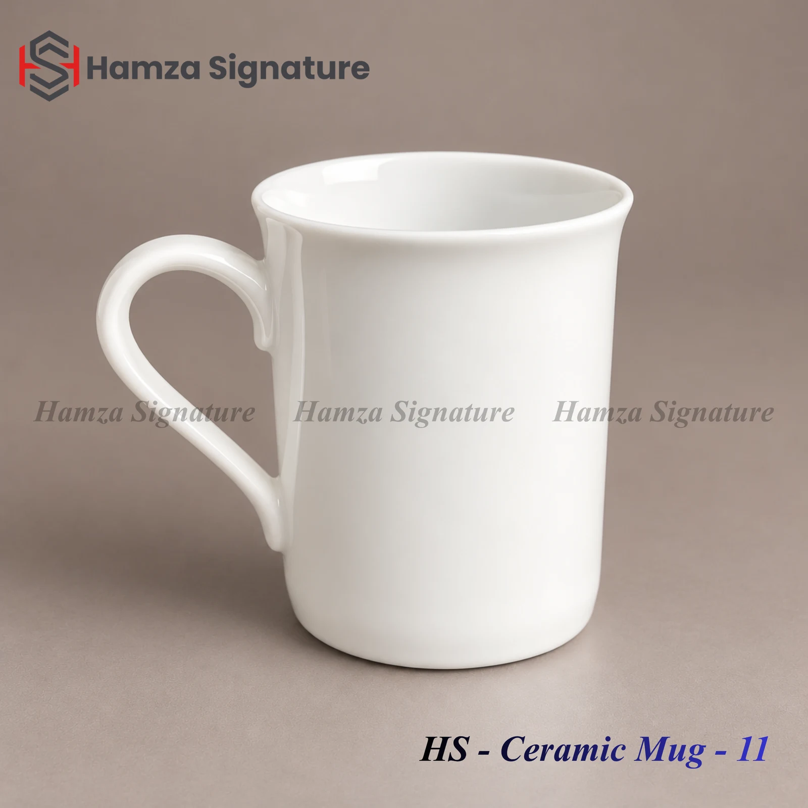 HS - Ceramic Mug - 11 white ceramic mug with a flared rim and curved handle
