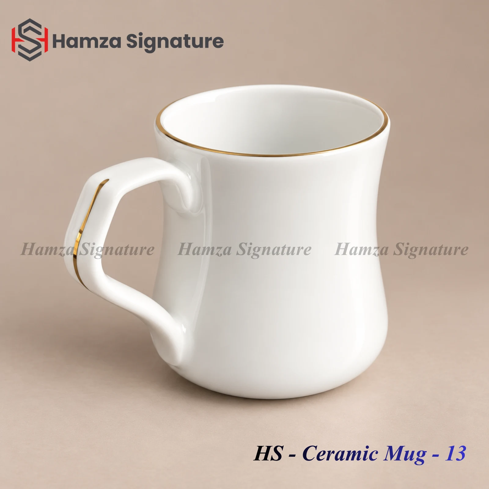 HS - Ceramic Mug - 13 white ceramic mug with a gold rim and angular handle