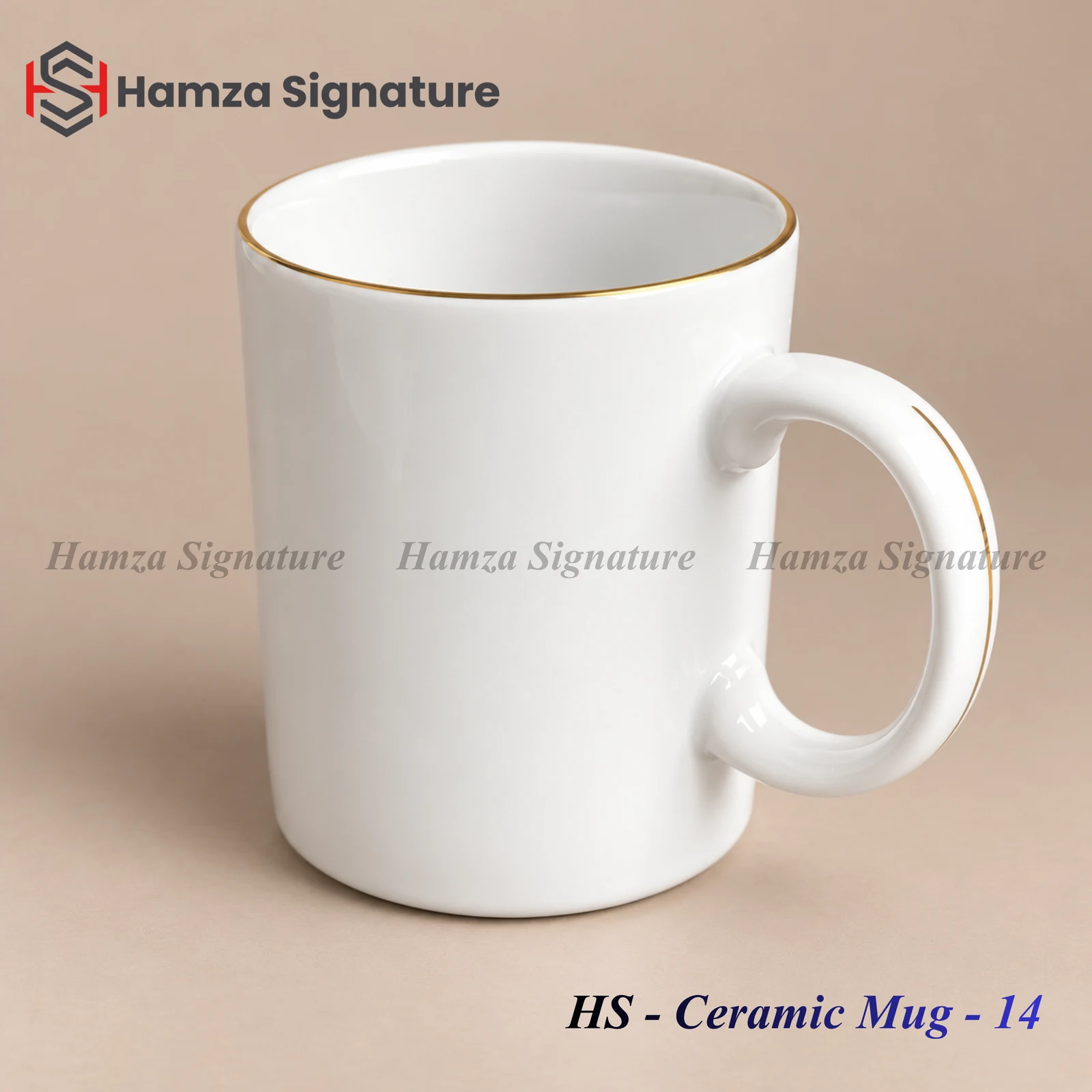 HS - Ceramic Mug - 14 white ceramic mug with gold rim and rounded handle