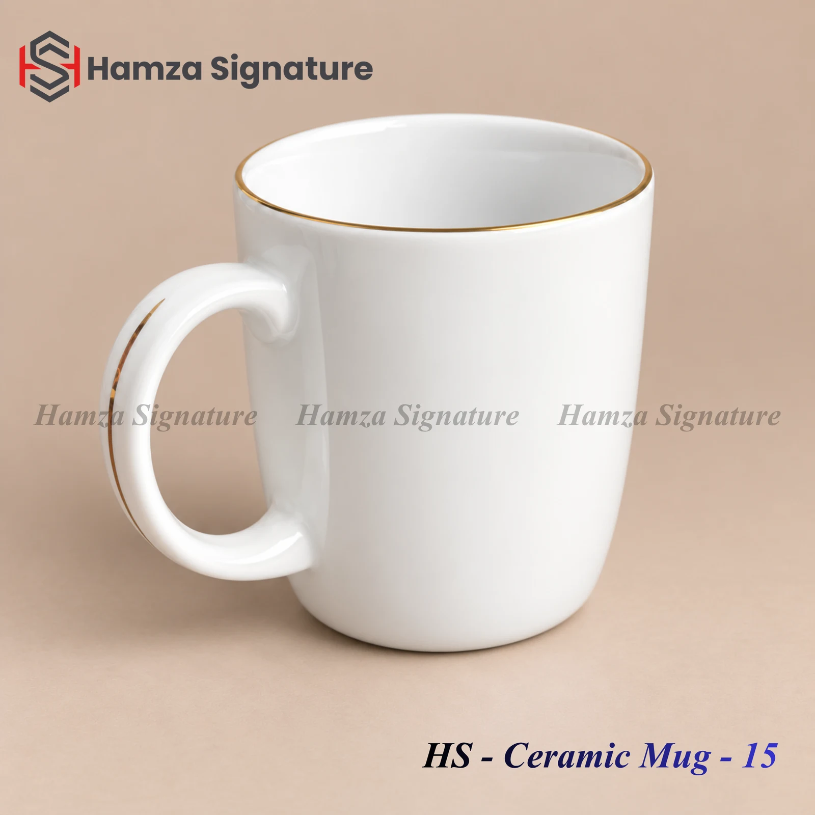 HS - Ceramic Mug - 15 white ceramic mug with gold rim and gold-accented loop handle
