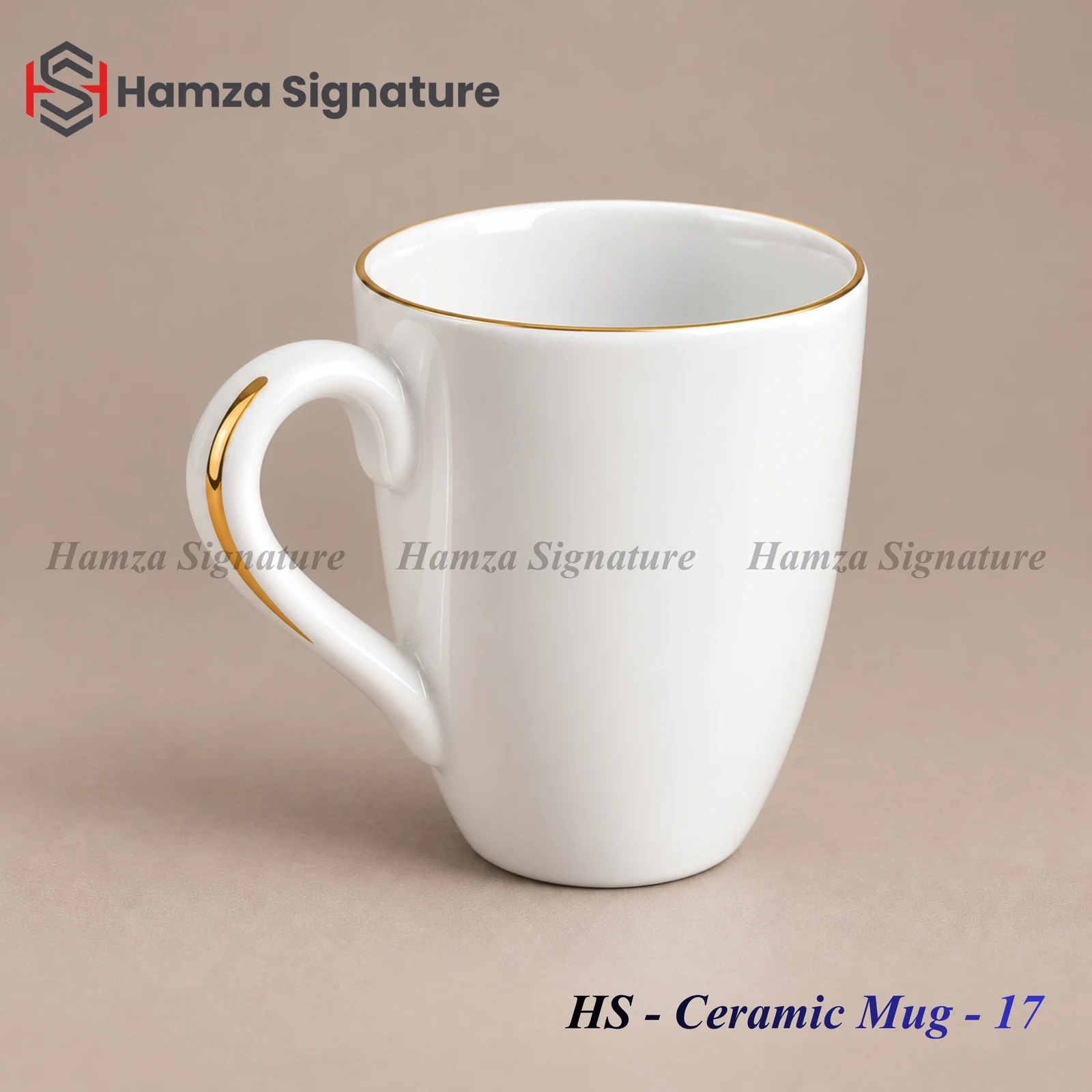 HS - Ceramic Mug - 17 white ceramic mug with gold rim and gold-accented curved handle