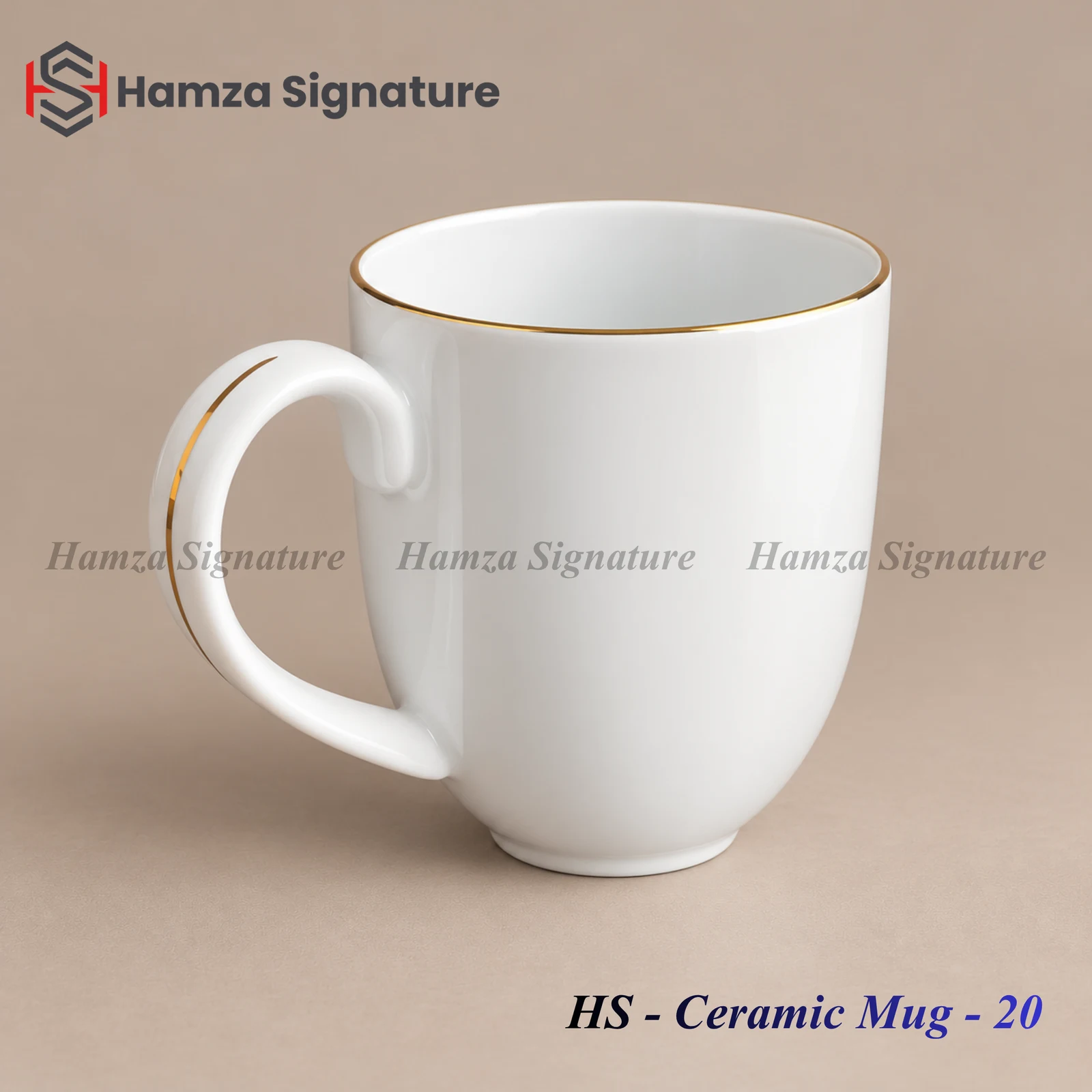 HS - Ceramic Mug - 20 white ceramic mug with gold rim and gold-accented handle