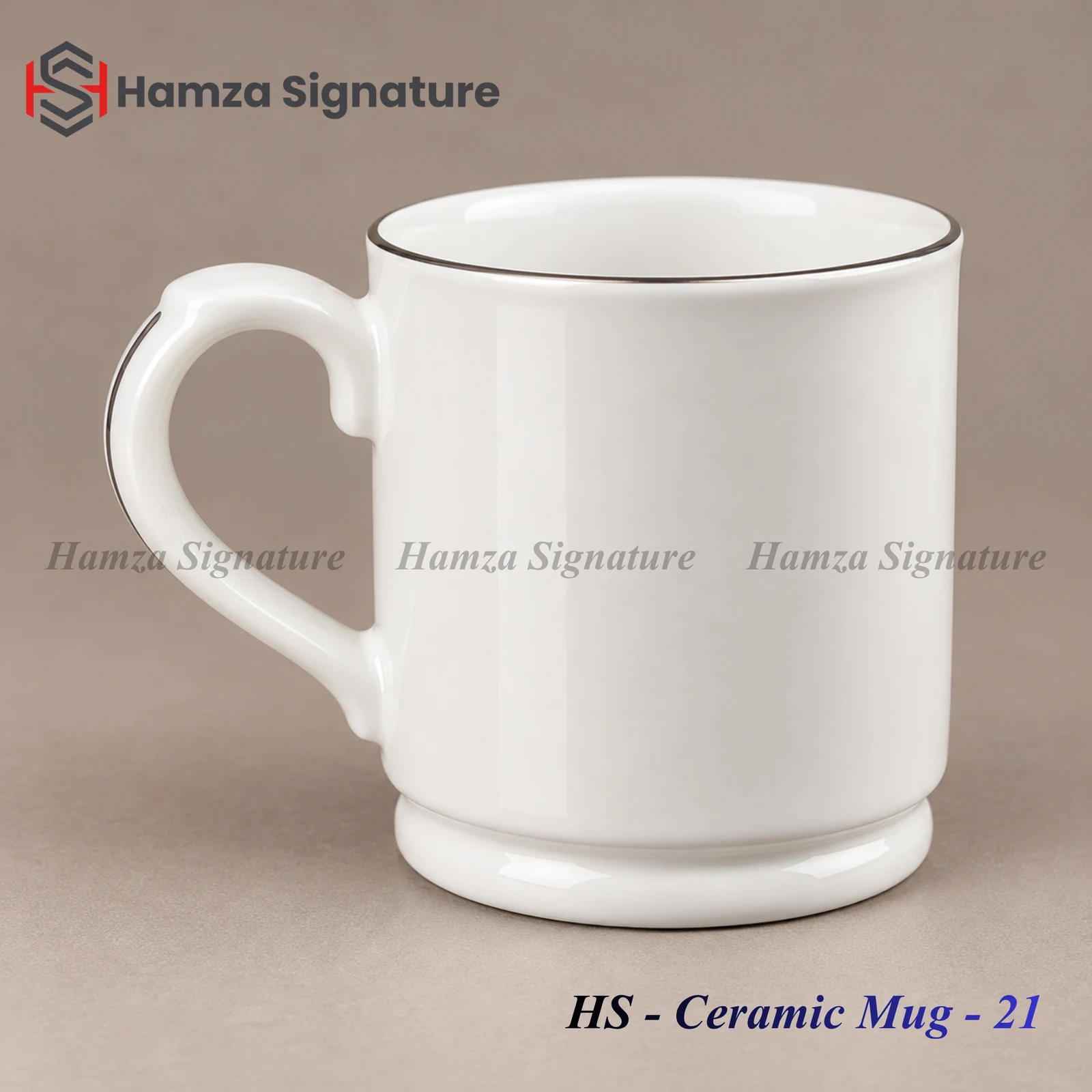 HS - Ceramic Mug - 21 white ceramic mug with silver rim and pedestal base