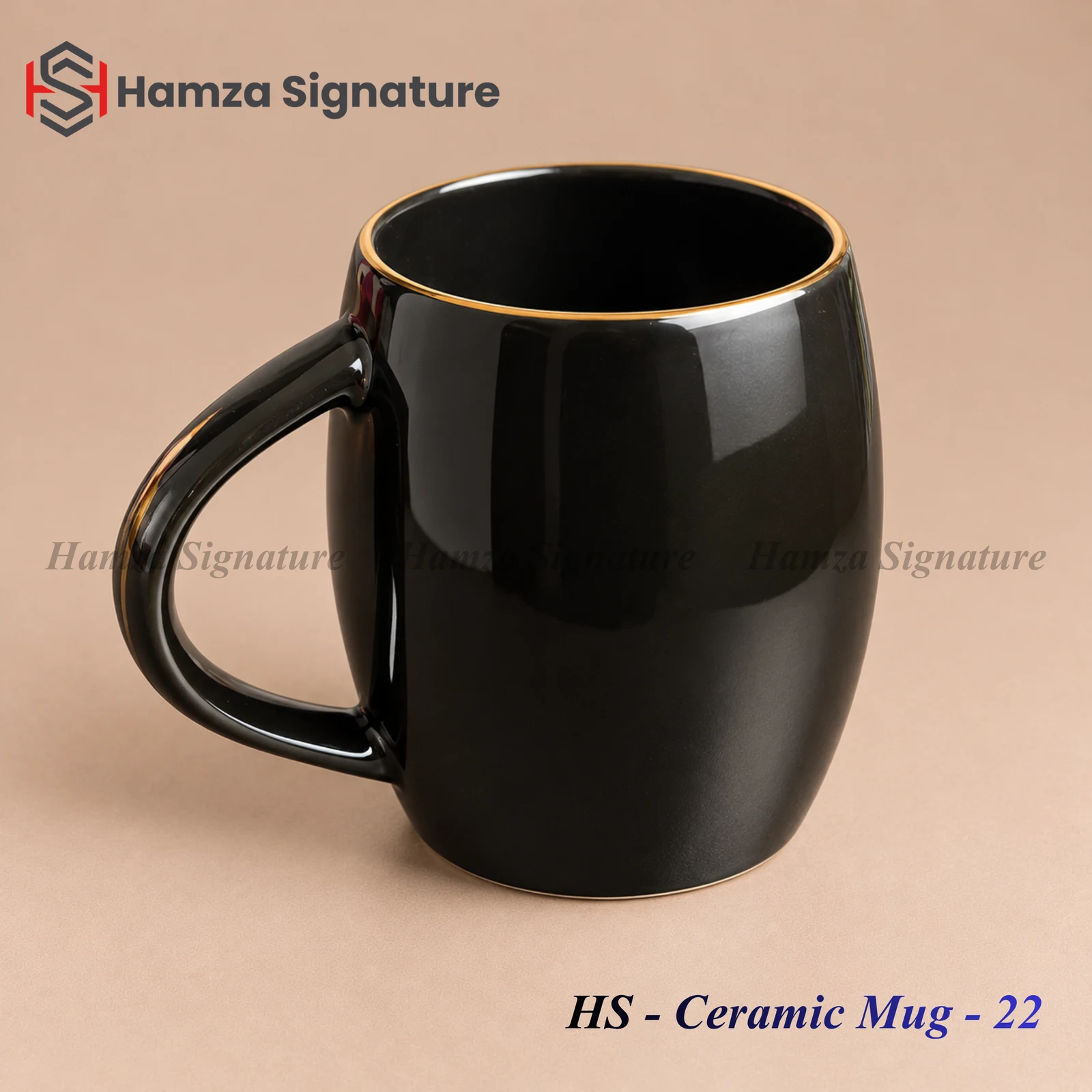 HS - Ceramic Mug - 22 black ceramic mug with gold rim and rounded body