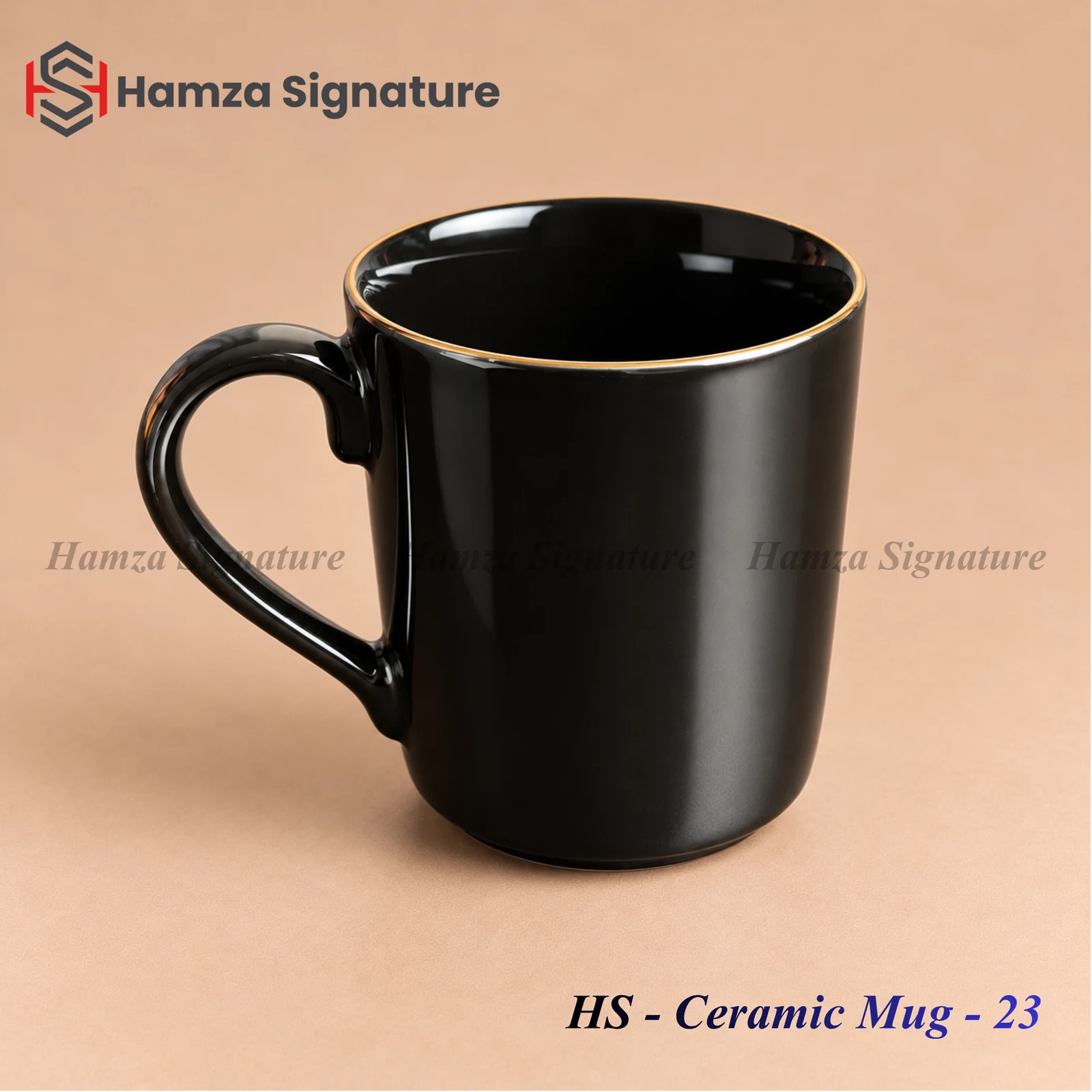 HS - Ceramic Mug - 23 black ceramic mug with gold rim and tapered body