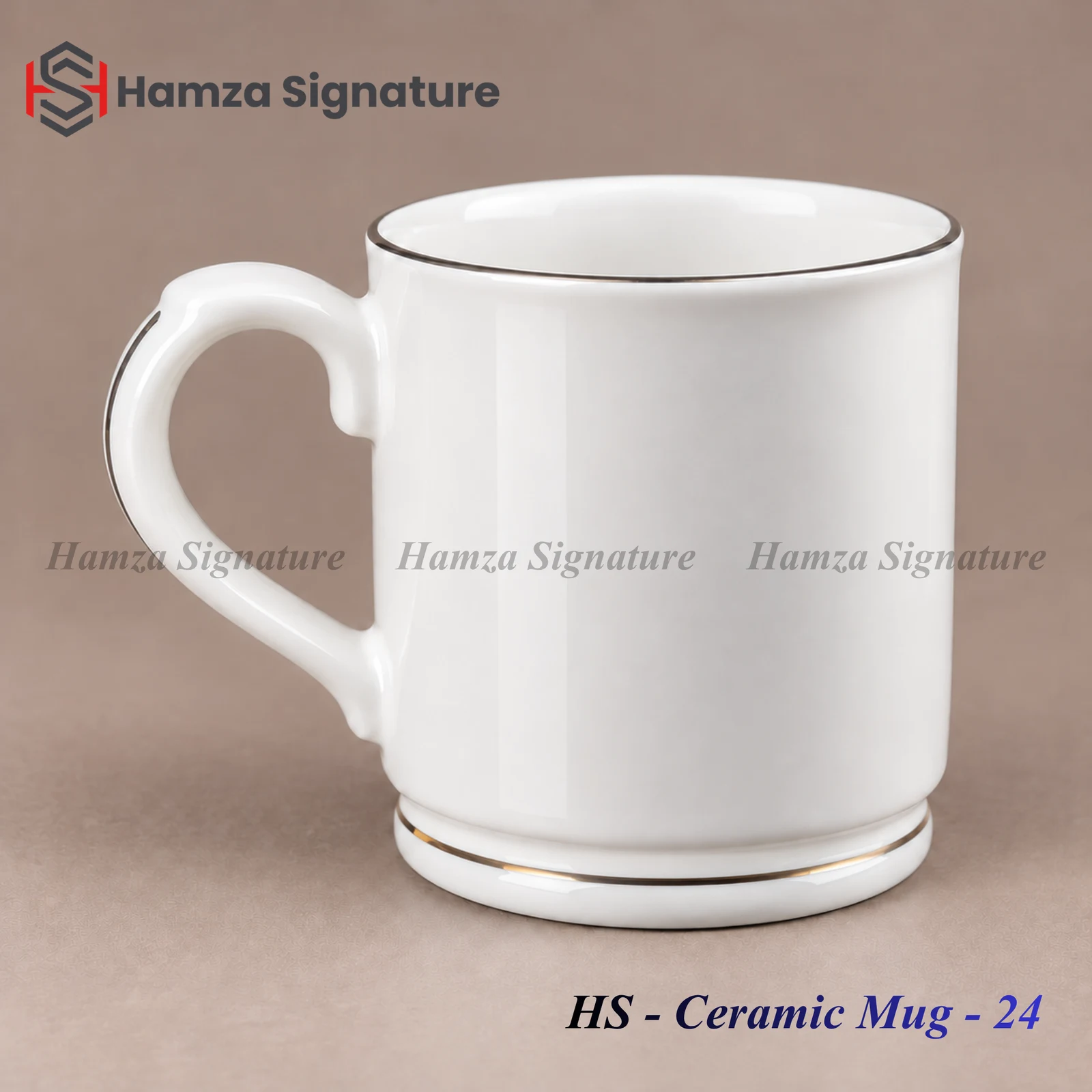 HS - Ceramic Mug - 24 white ceramic mug with silver rim and metallic-accented pedestal base