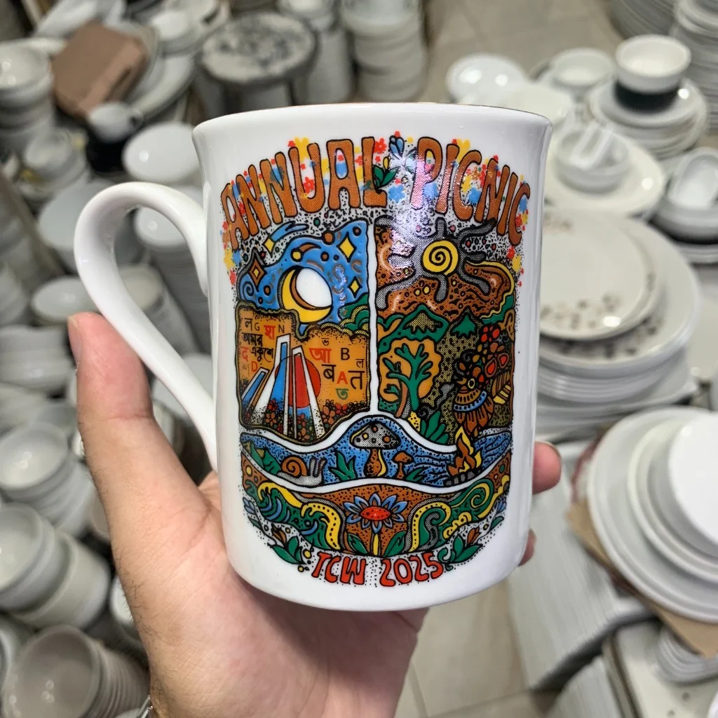 Custom printed ceramic mug with vibrant Annual Picnic TCW 2025 event illustration artwork