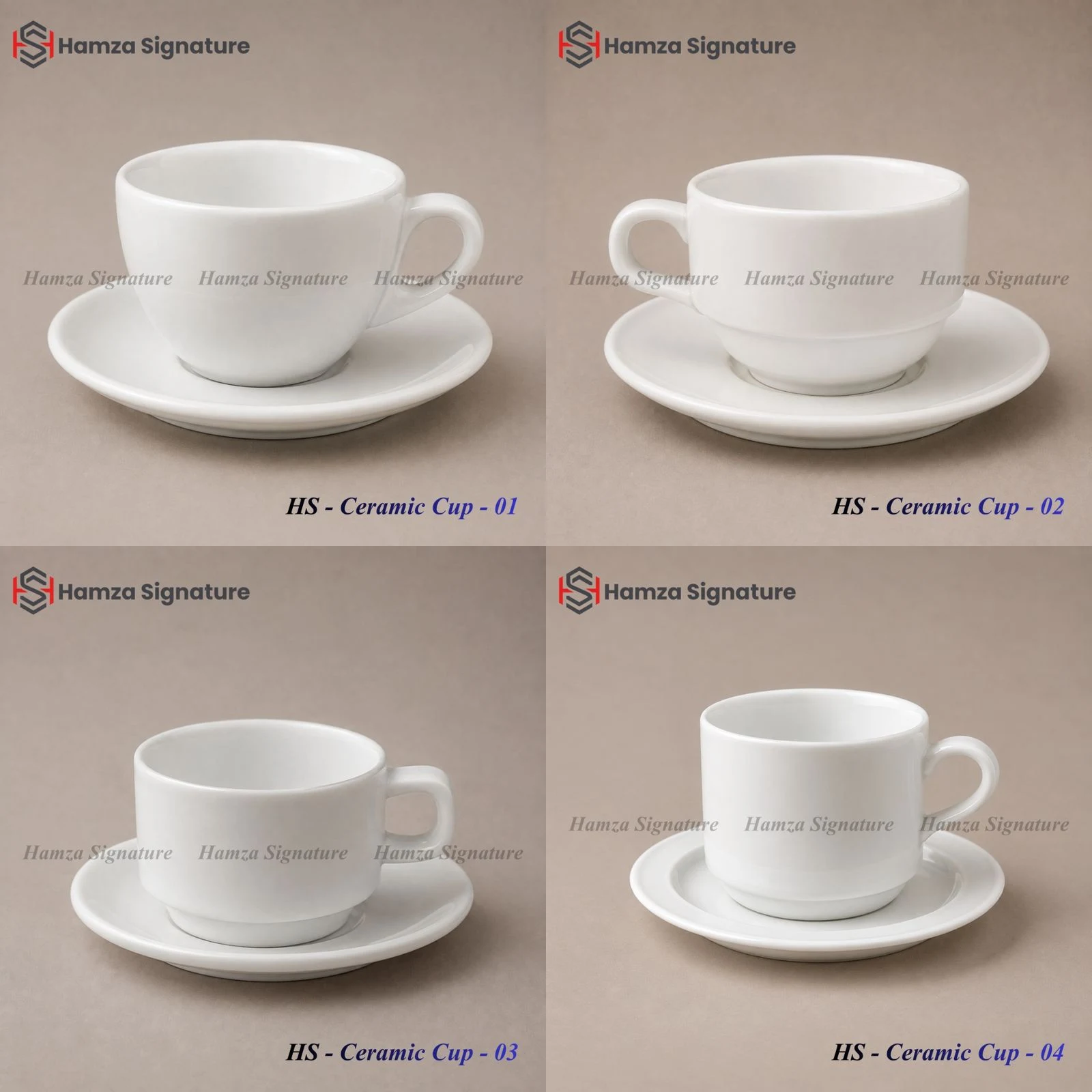 Collection of four HS Ceramic Cup models with matching saucers
