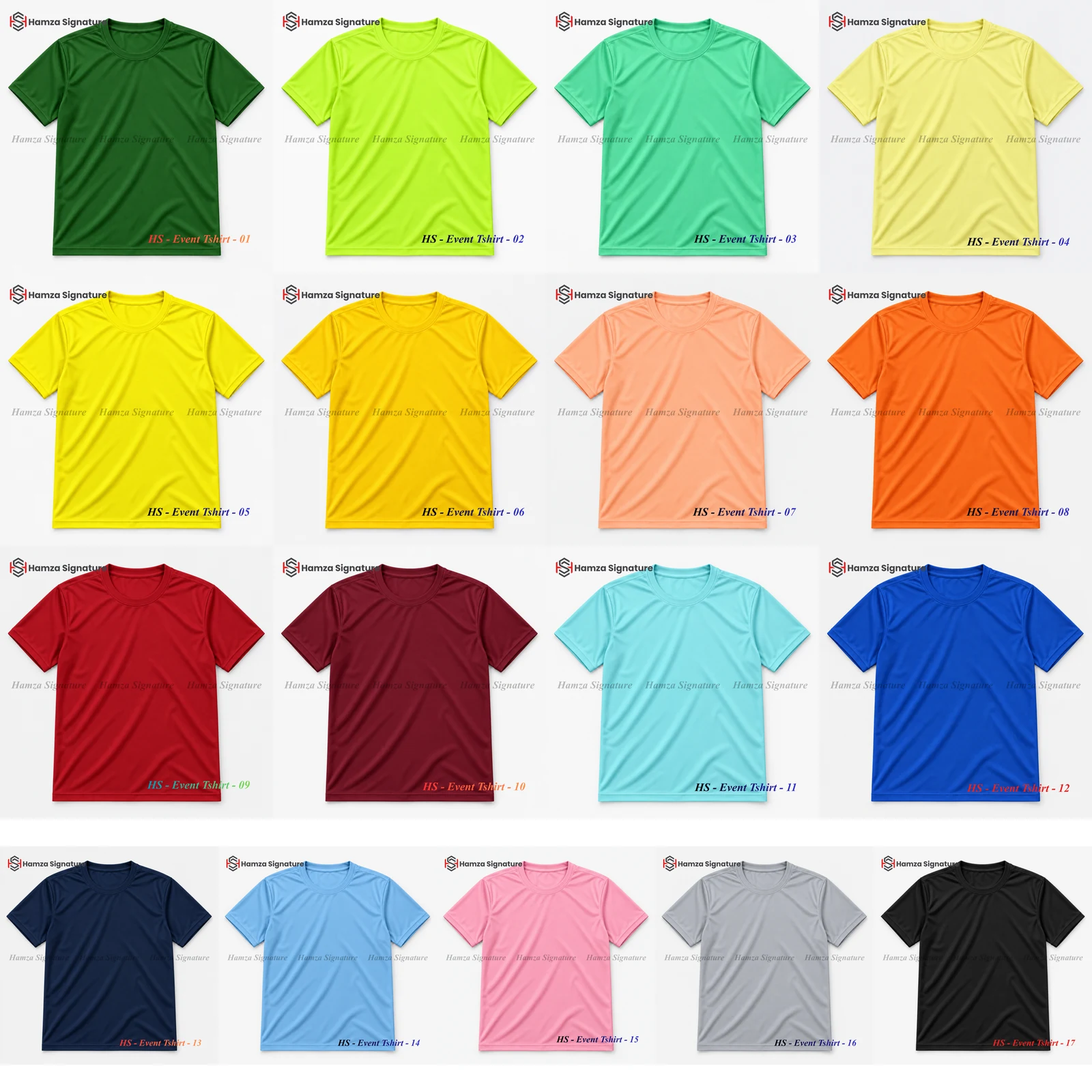 Collection of seventeen Hamza Signature Event T-shirt designs numbered 01 through 17