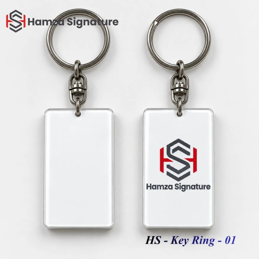 HS - Key Ring - 01 rectangular clear acrylic promotional keyring with Hamza Signature logo