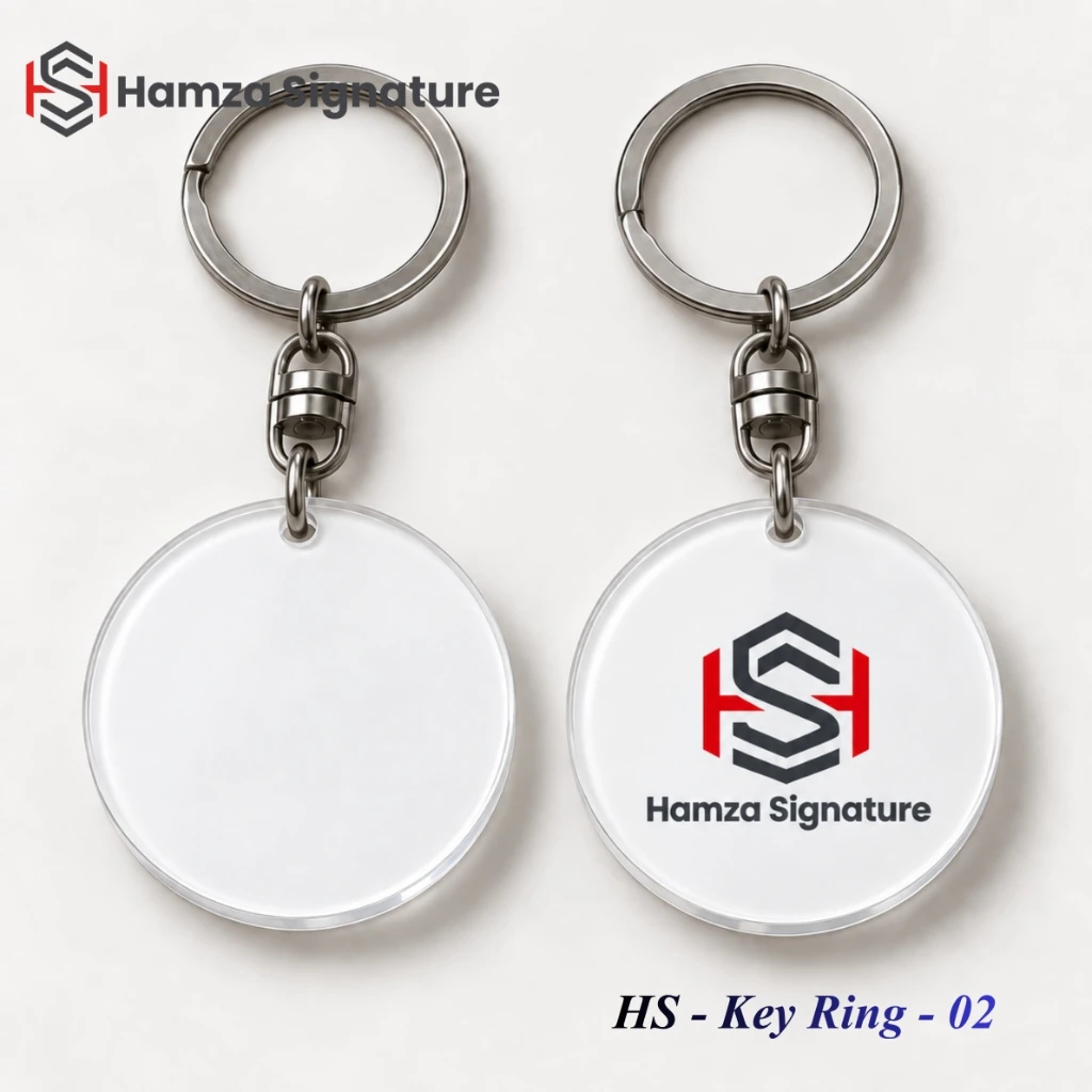 HS - Key Ring - 02 round clear acrylic promotional keyring with Hamza Signature logo