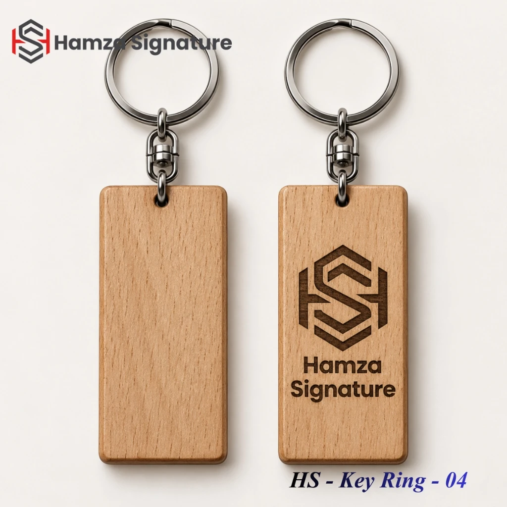 HS - Key Ring - 04 natural oak wood rectangular promotional keyring with laser-engraved logo