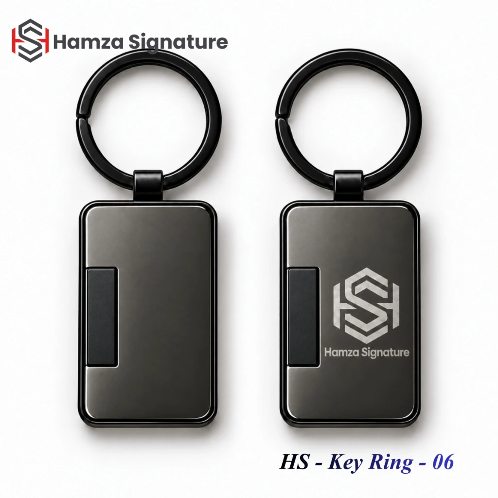 HS - Key Ring - 06 black aluminium metal rectangular promotional keyring with Hamza Signature logo
