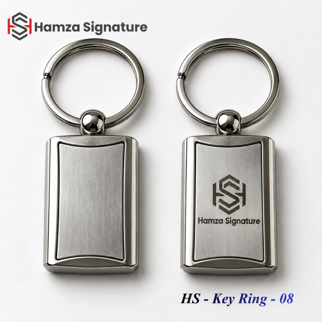 HS - Key Ring - 08 contoured rectangular aluminium metal promotional keyring with Hamza Signature logo
