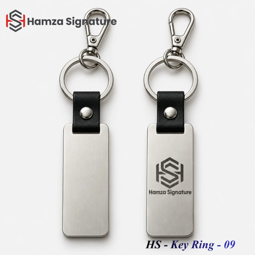 HS - Key Ring - 09 brushed aluminium bar keyring with leather strap and snap hook clasp