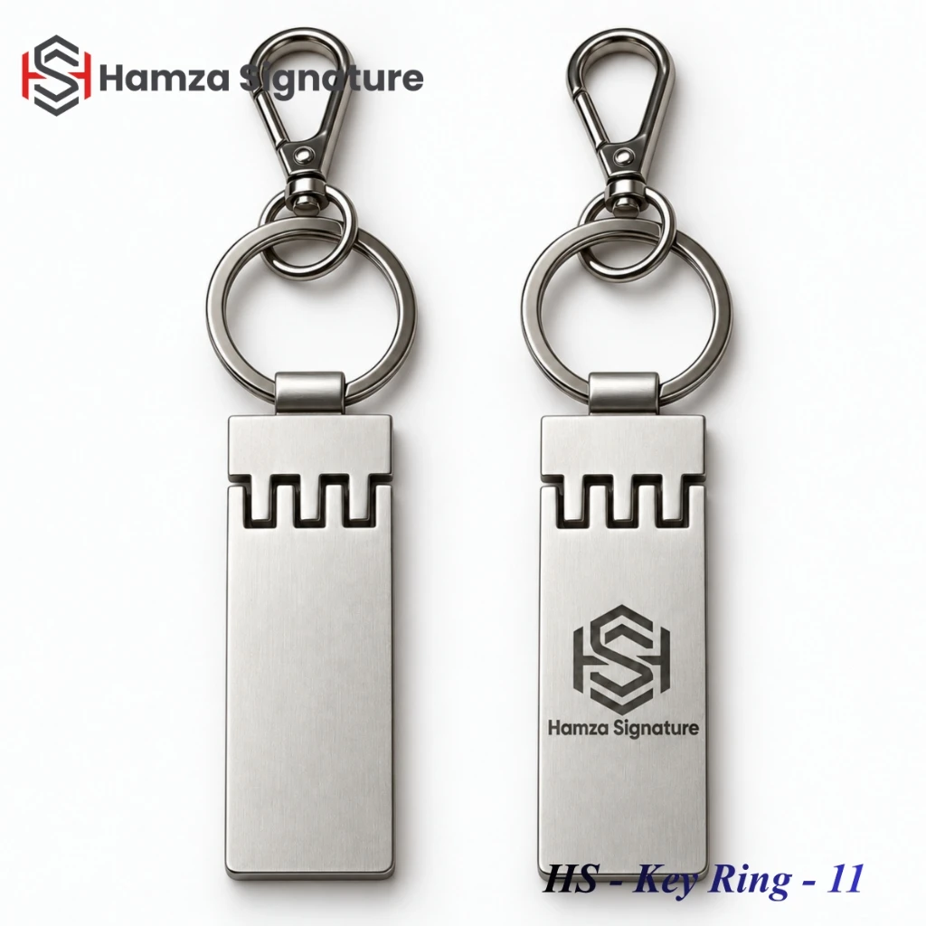 HS - Key Ring - 11 brushed aluminium bar keyring with notched hinge and snap hook clasp