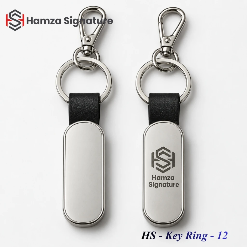HS - Key Ring - 12 oval brushed aluminium keyring with leather loop and snap hook clasp