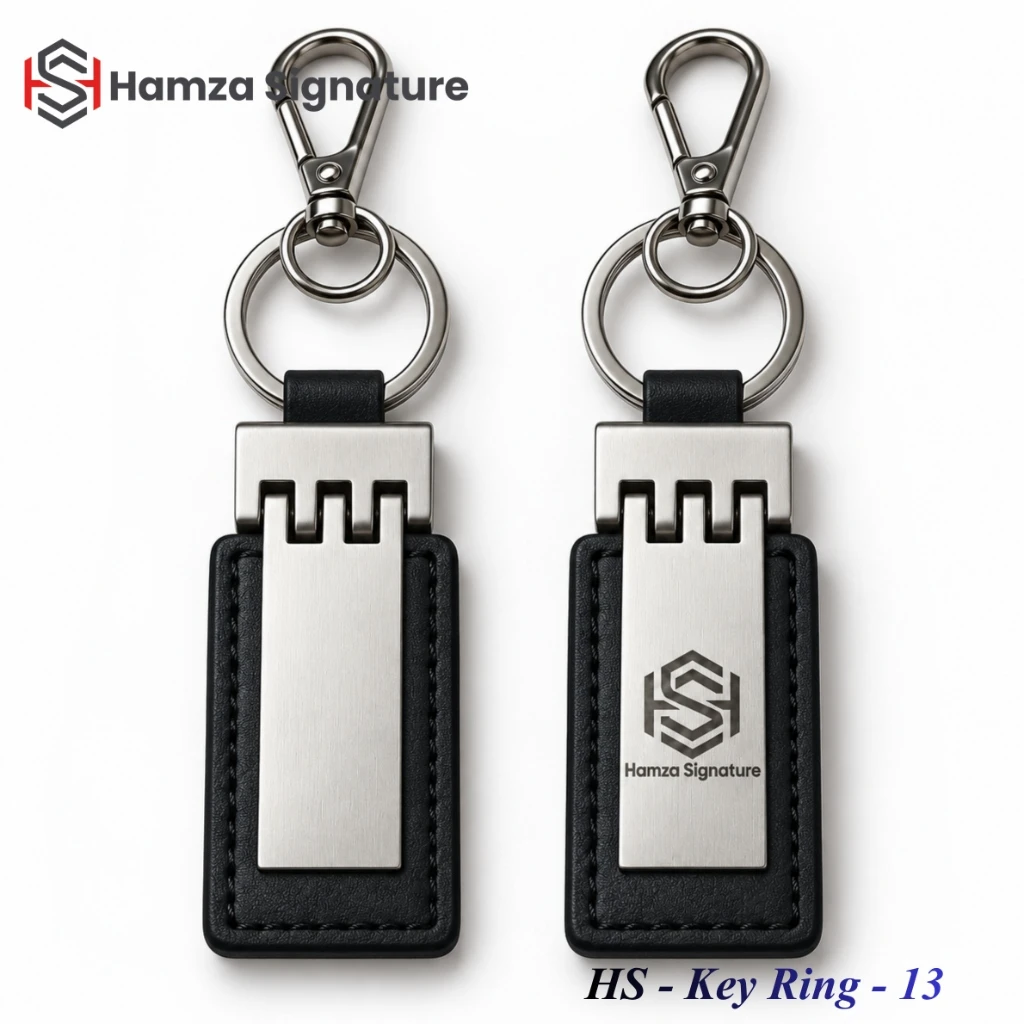 HS - Key Ring - 13 aluminium plate on stitched leather backing with notched hinge and snap hook