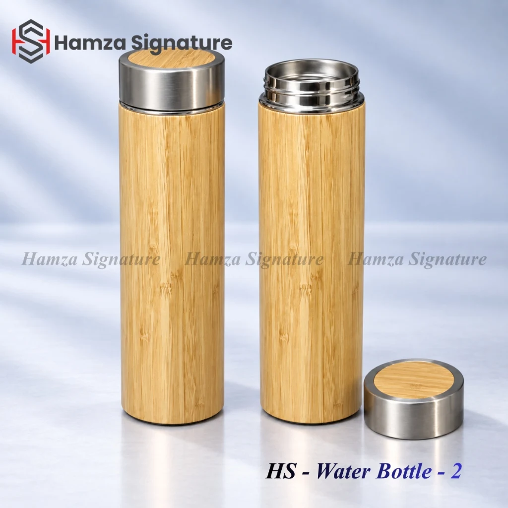 HS Water Bottle 02 in natural wood exterior finish with stainless steel accents