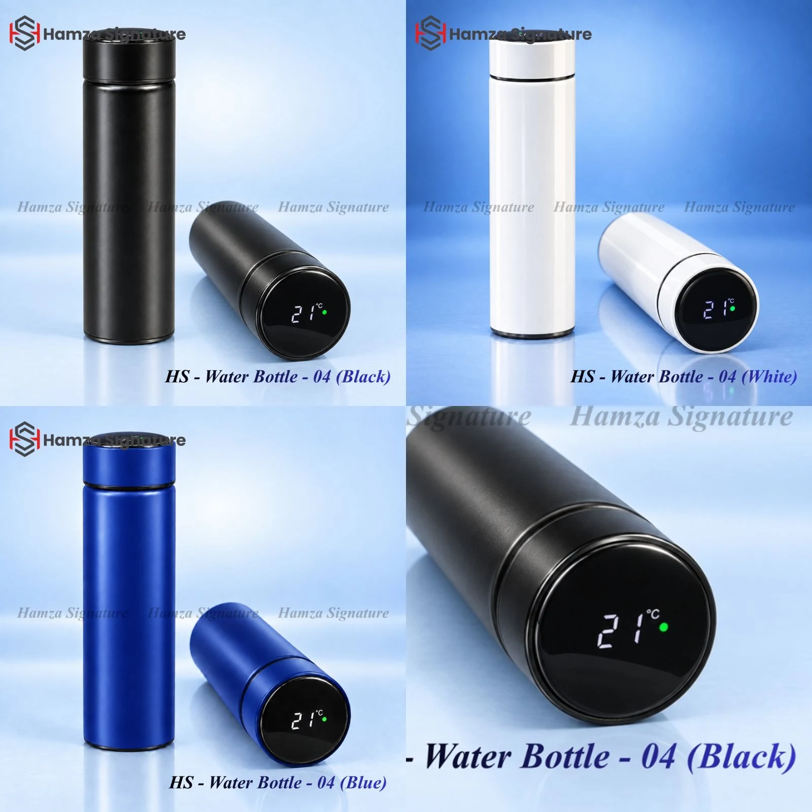 HS Water Bottle 04 smart vacuum temperature display bottle collection in black, white, and blue