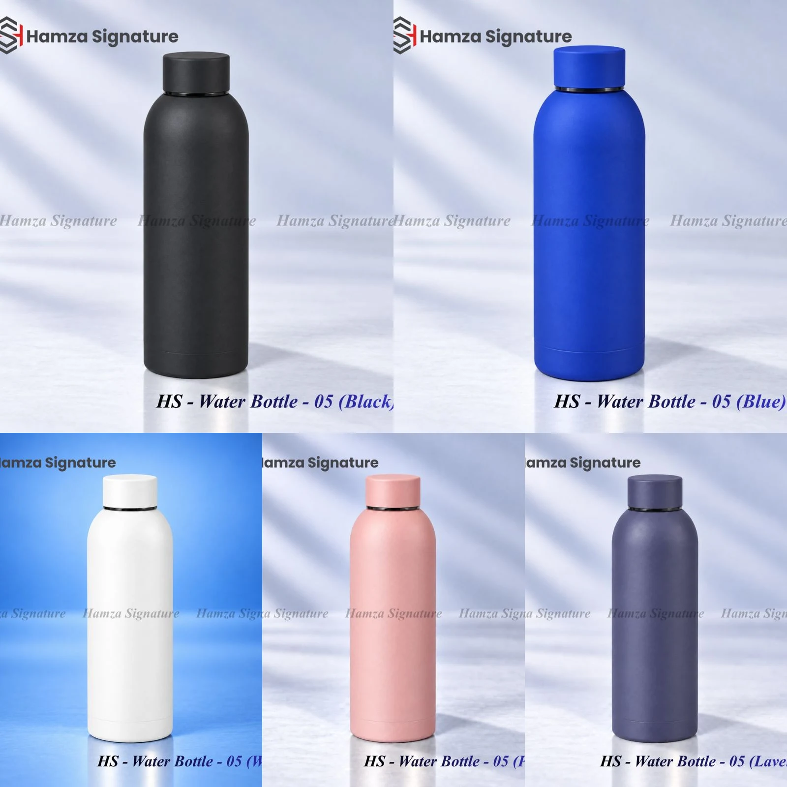 HS Water Bottle 05 matte finish aluminium bottle collection in black, white, blue, pink, and lavender
