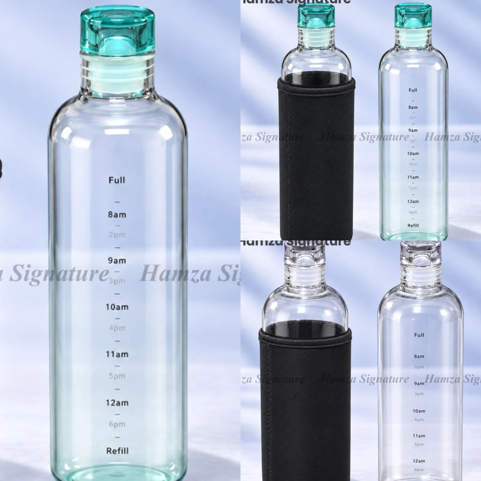 HS Water Bottle 08 borosilicate glass motivational hydration bottle collection in 500 ml and 750 ml with neoprene sleeves