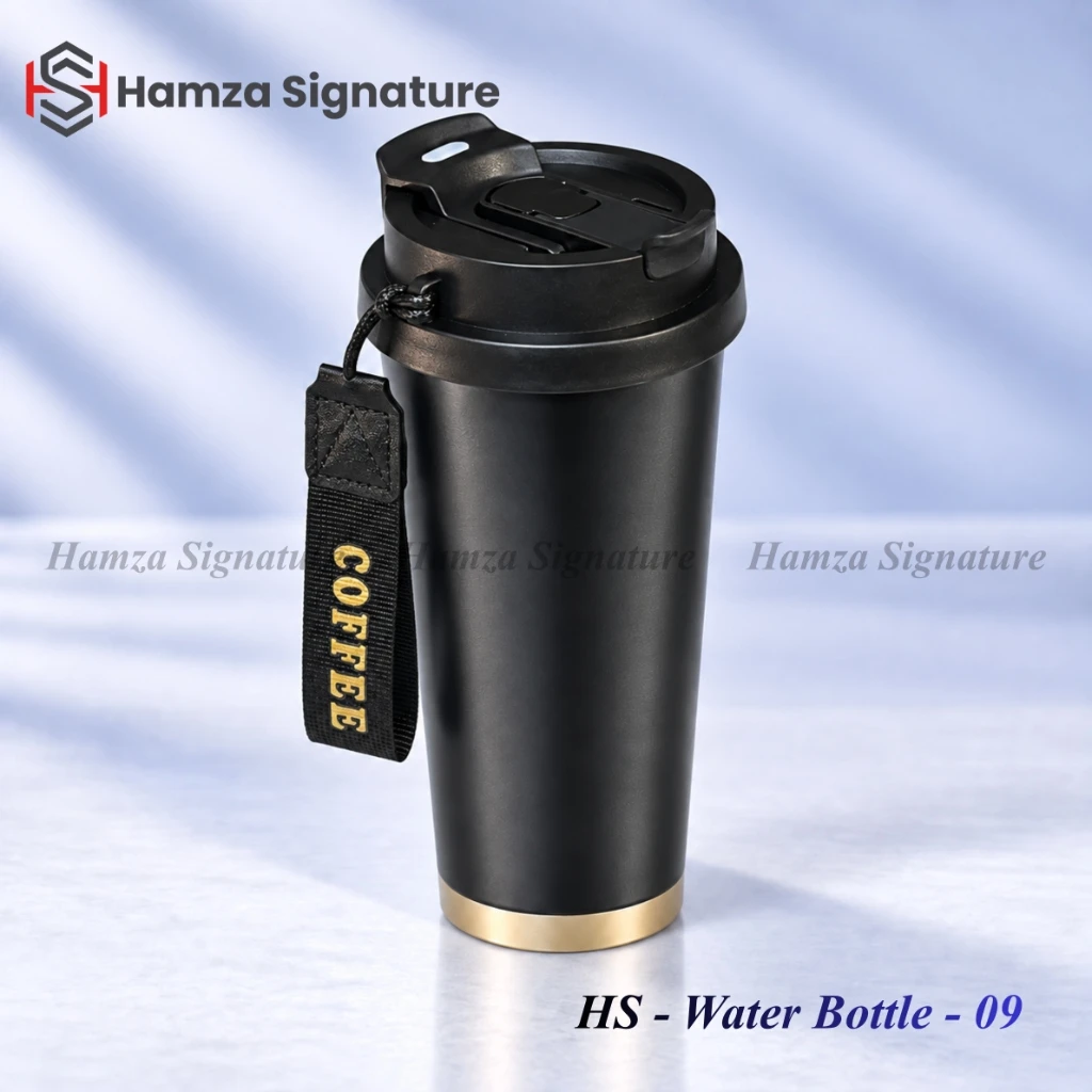 HS Water Bottle 09 500 ml aluminium coffee travel mug in matte black with gold base and carry strap