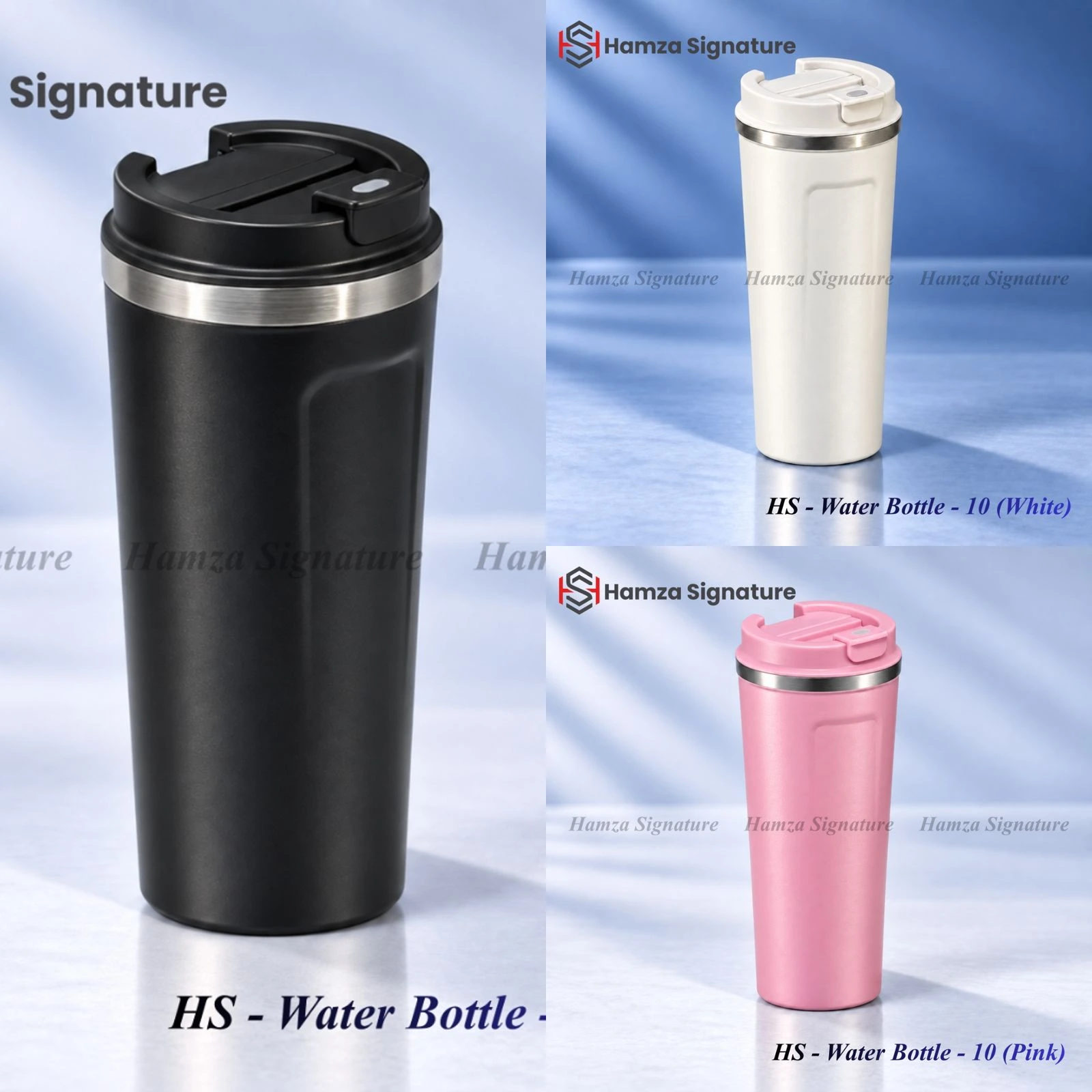 HS Water Bottle 10 510 ml travel tumbler collection in black, white, and pink