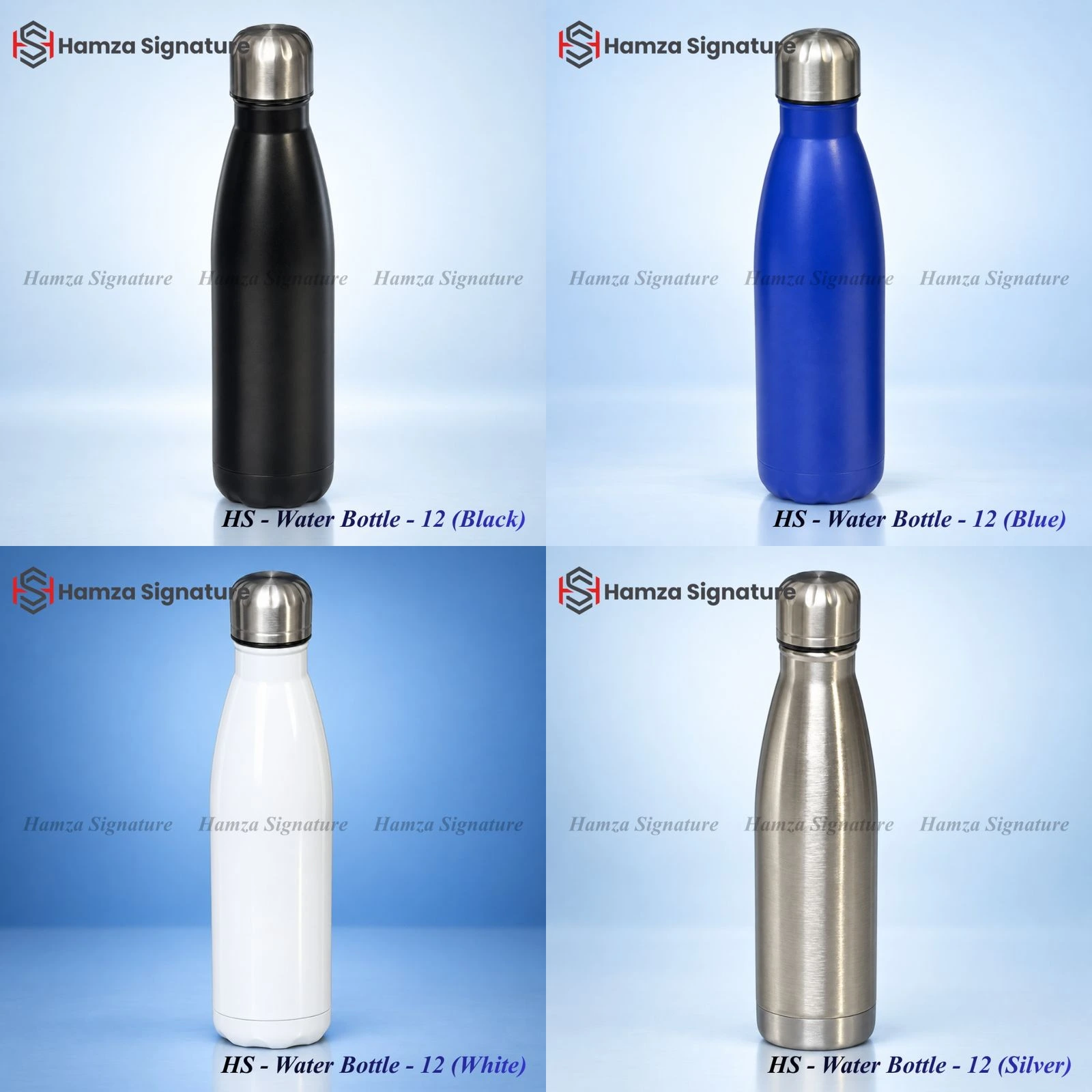 HS Water Bottle 12 500 ml aluminium cola-shape bottle collection in black, blue, white, and silver