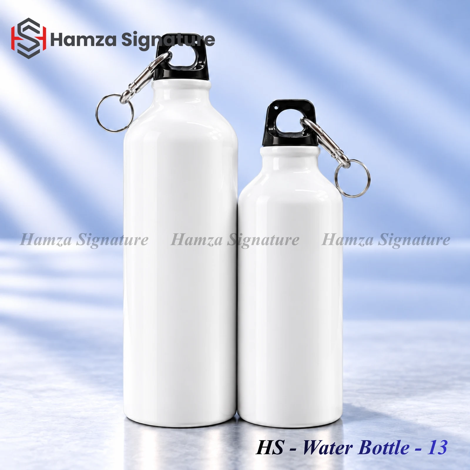 HS Water Bottle 13 white aluminium bottles in 600 ml and 750 ml sizes with black caps and metal clips