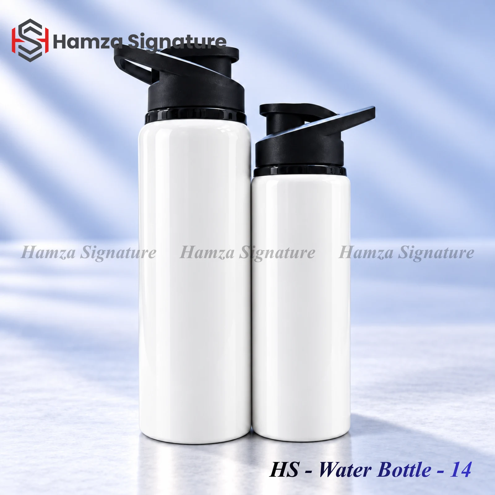 HS Water Bottle 14 white aluminium bottles in 600 ml and 750 ml sizes with black carry-handle caps