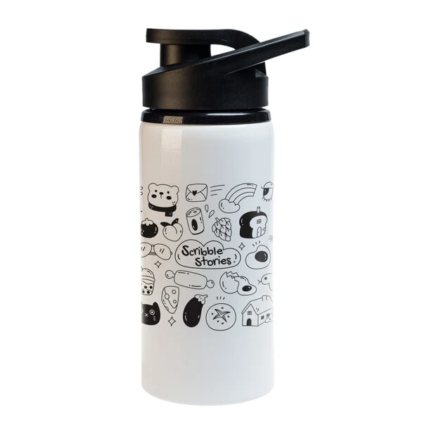 White HS Water Bottle 14 with black printed illustrations