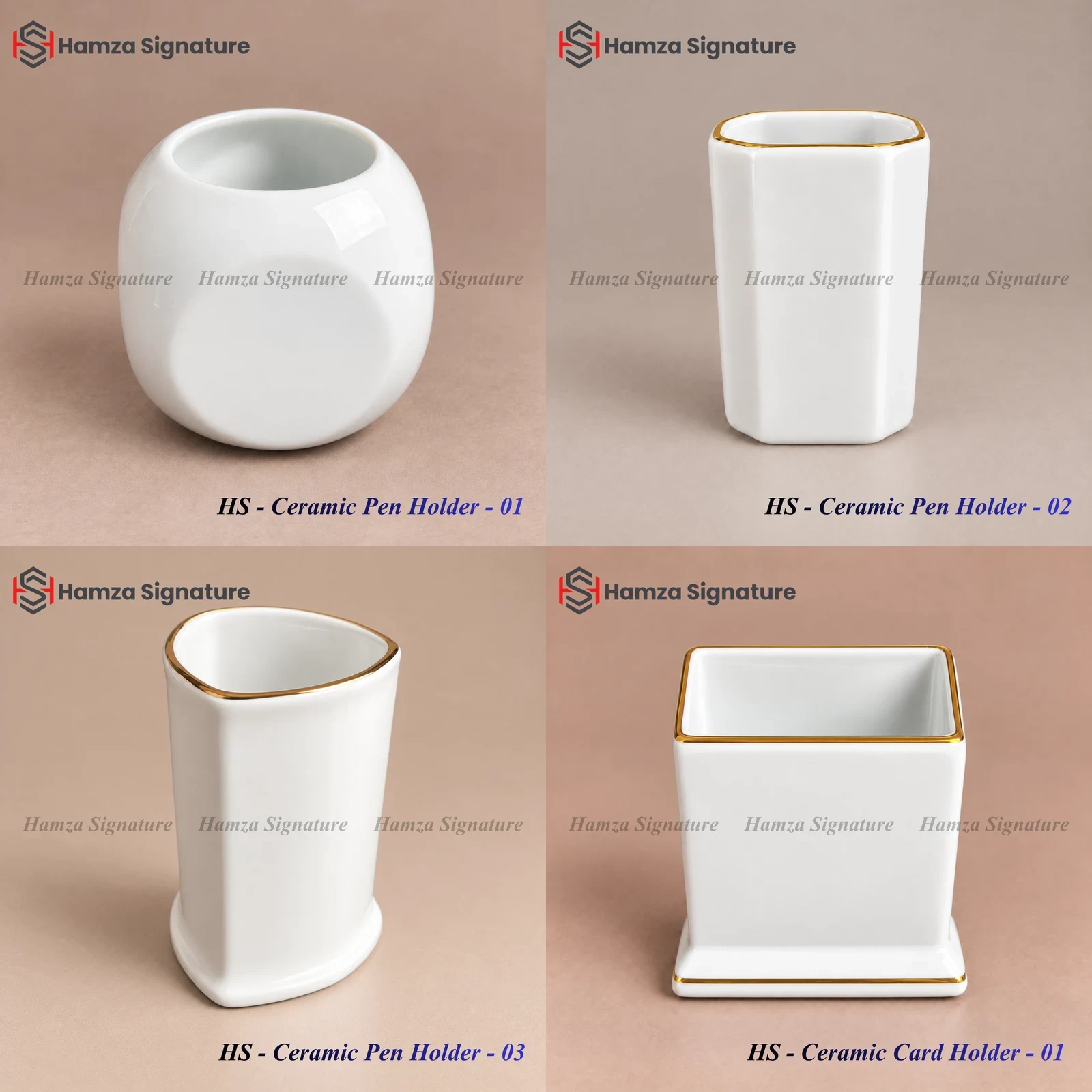 Collage of three ceramic pen holders and one ceramic card holder