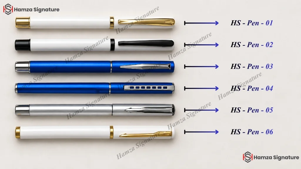 Hamza Signature Premium Pen Collection showing designs 01 through 06 with branding