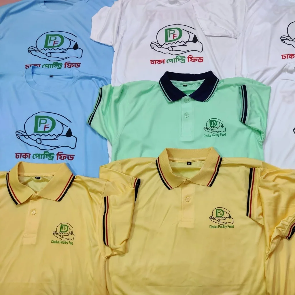 Custom branded corporate polo and event shirts with Dhaka Poultry Feed logo