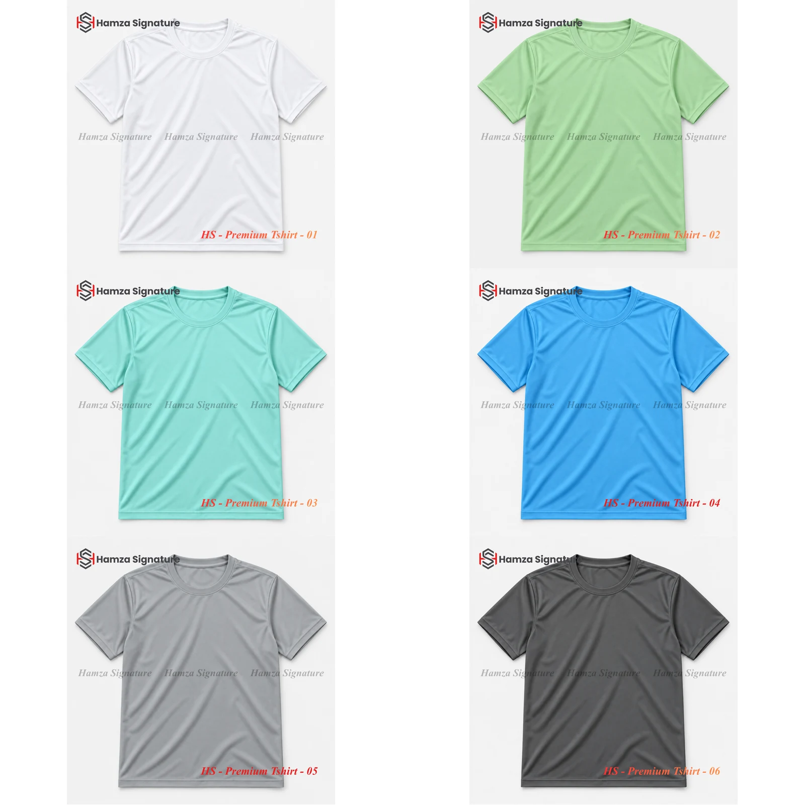 Collection of six Hamza Signature Premium T-shirt designs numbered 01 through 06