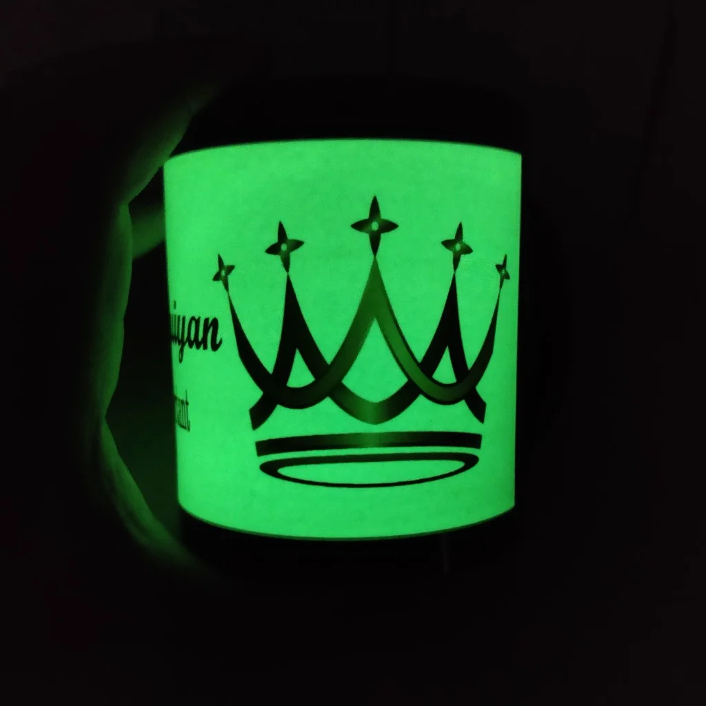 Custom printed glowing ceramic radium mug with crown logo and calligraphy