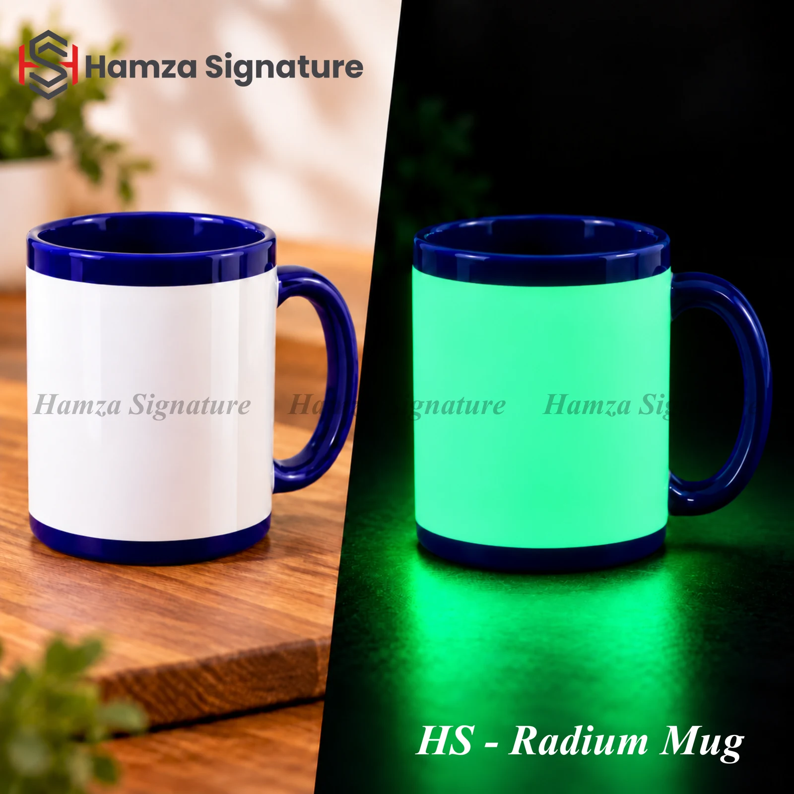 Radium Mug shown in normal light and with its luminous finish